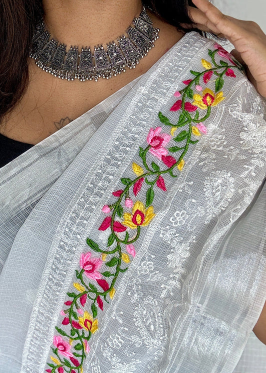 Nivrita - White with Floral and Thread Embroidery, Kota Doria - YCTORKE01