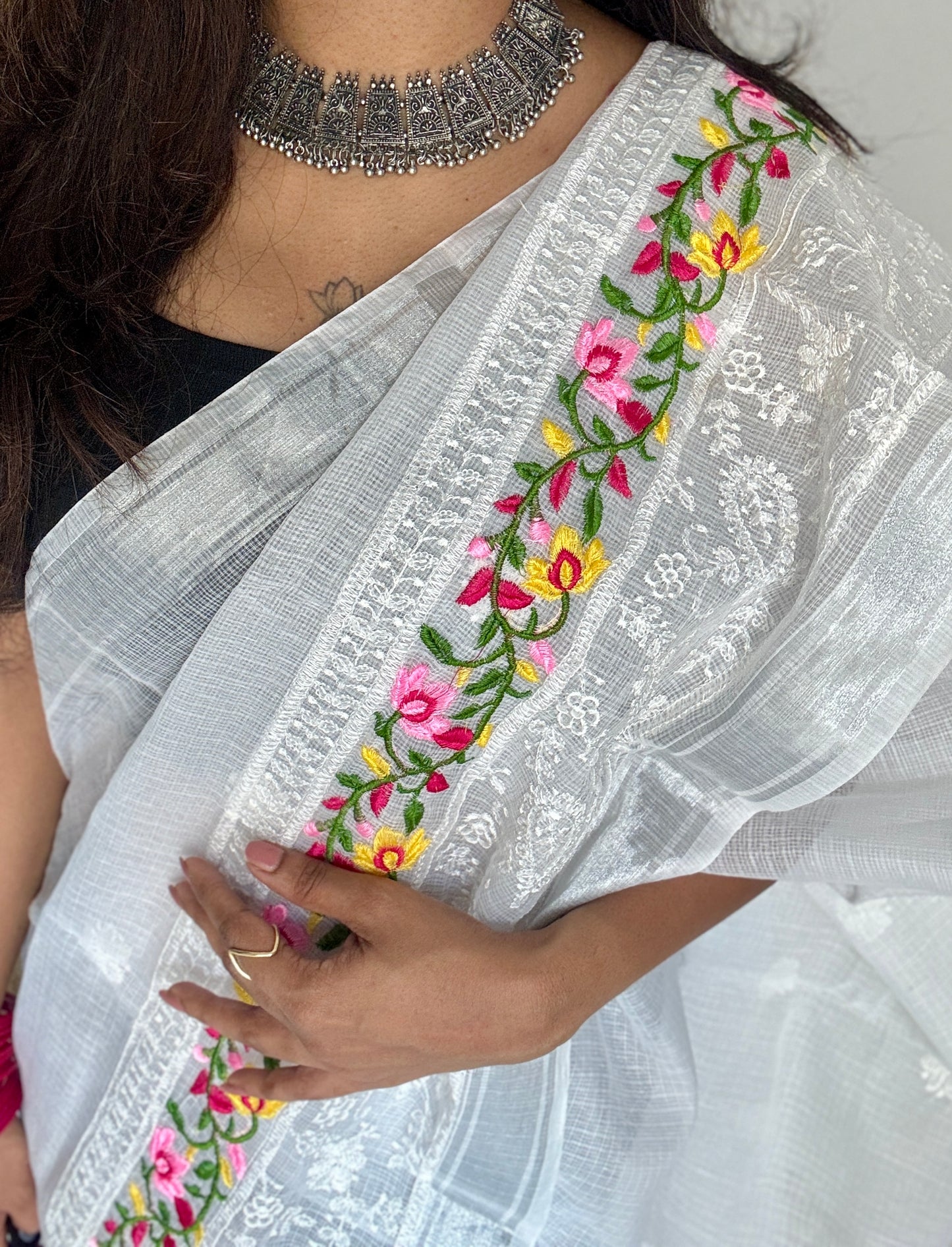Nivrita - White with Floral and Thread Embroidery, Kota Doria - YCTORKE01