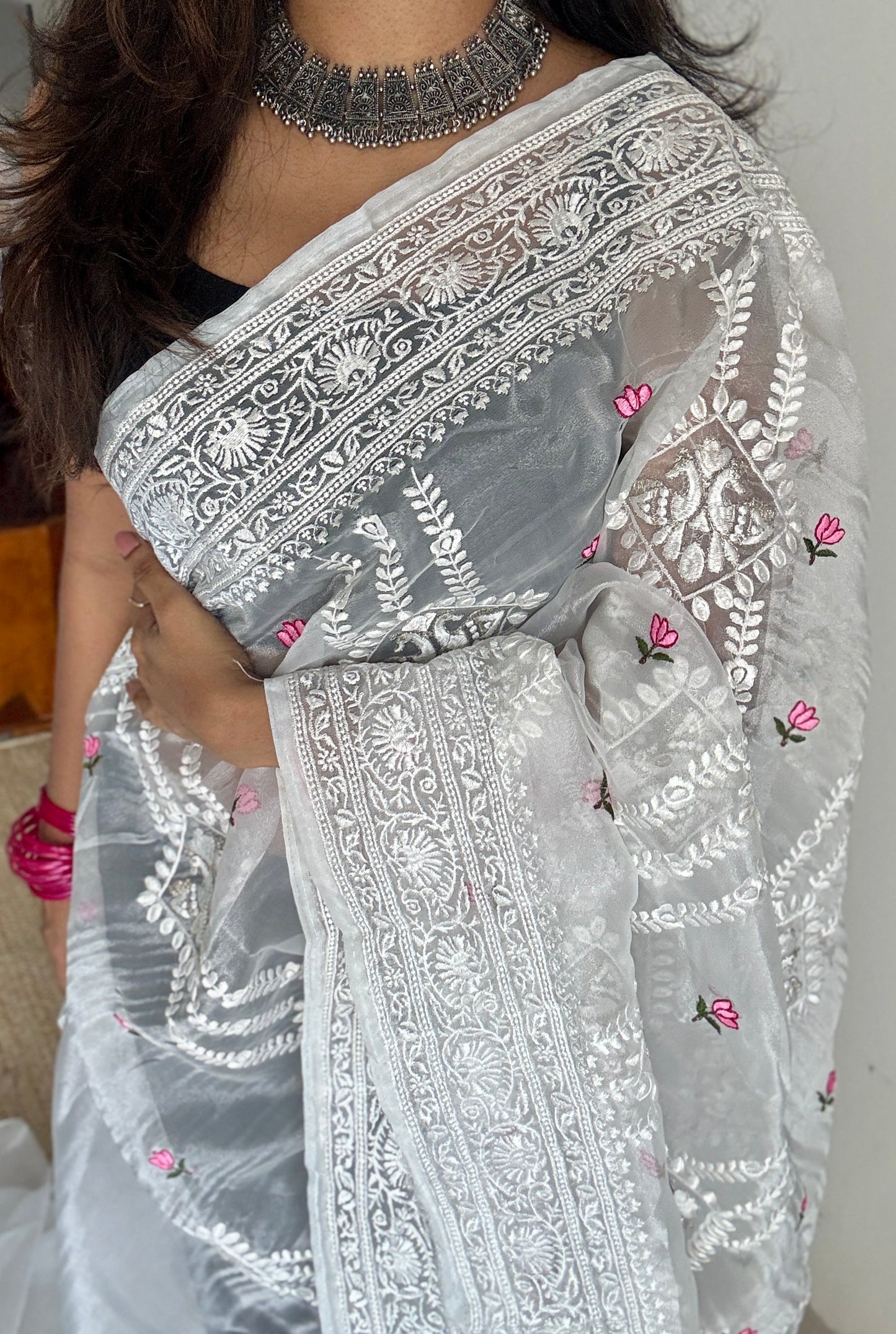 Lotus Mist - Pure White with Embroidery, Silk Organza