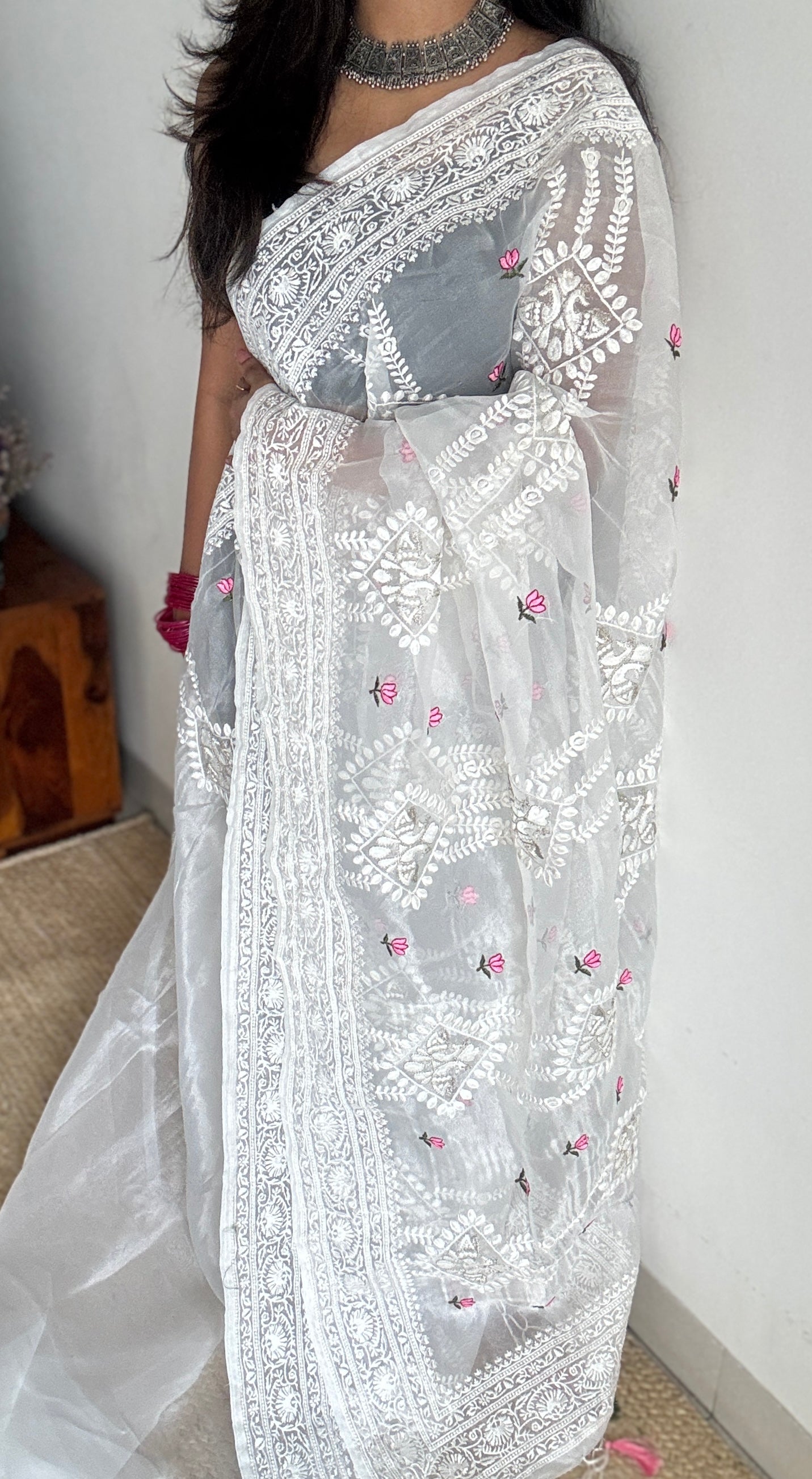 Lotus Mist - Pure White with Embroidery, Silk Organza
