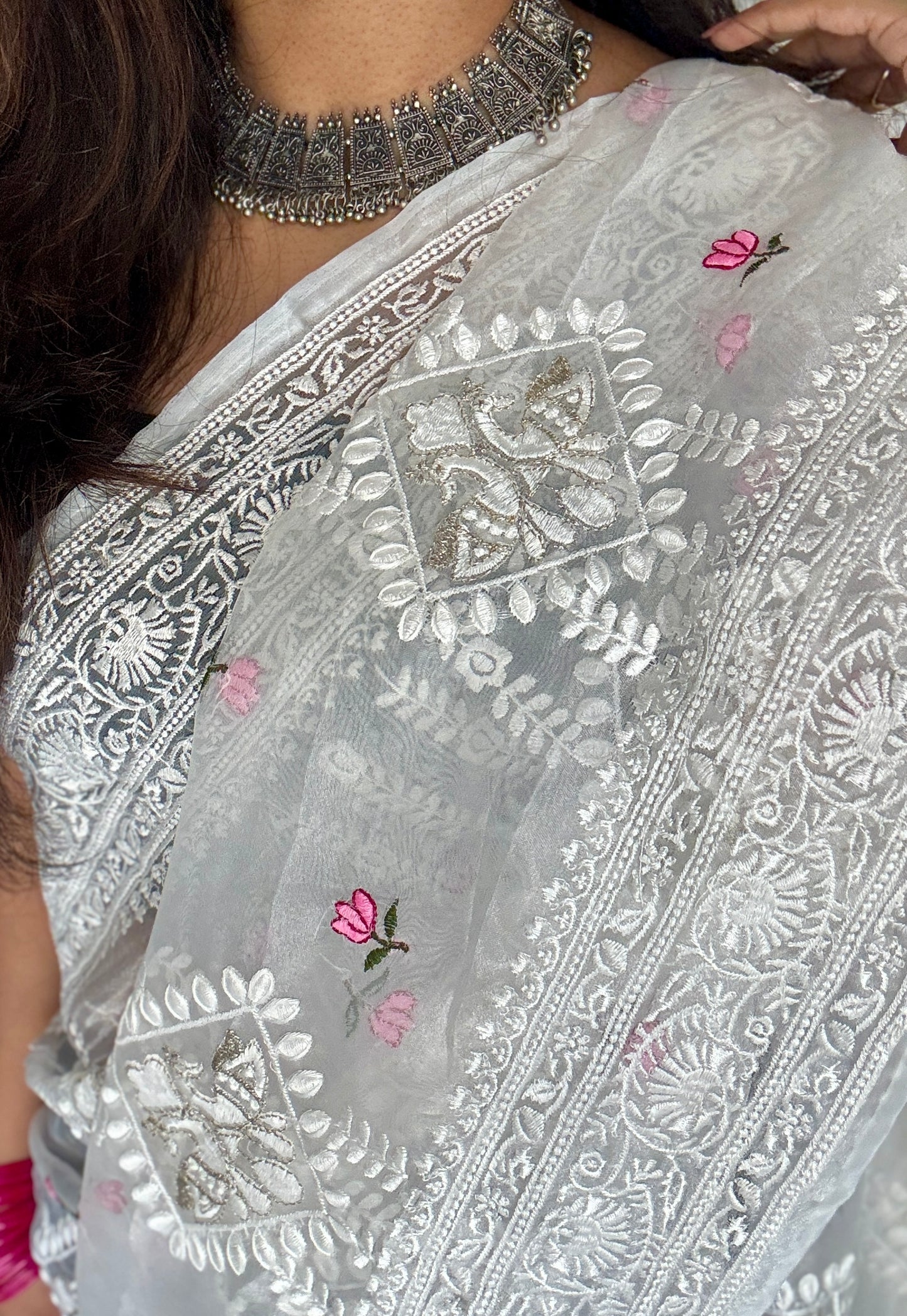 Lotus Mist - Pure White with Embroidery, Silk Organza