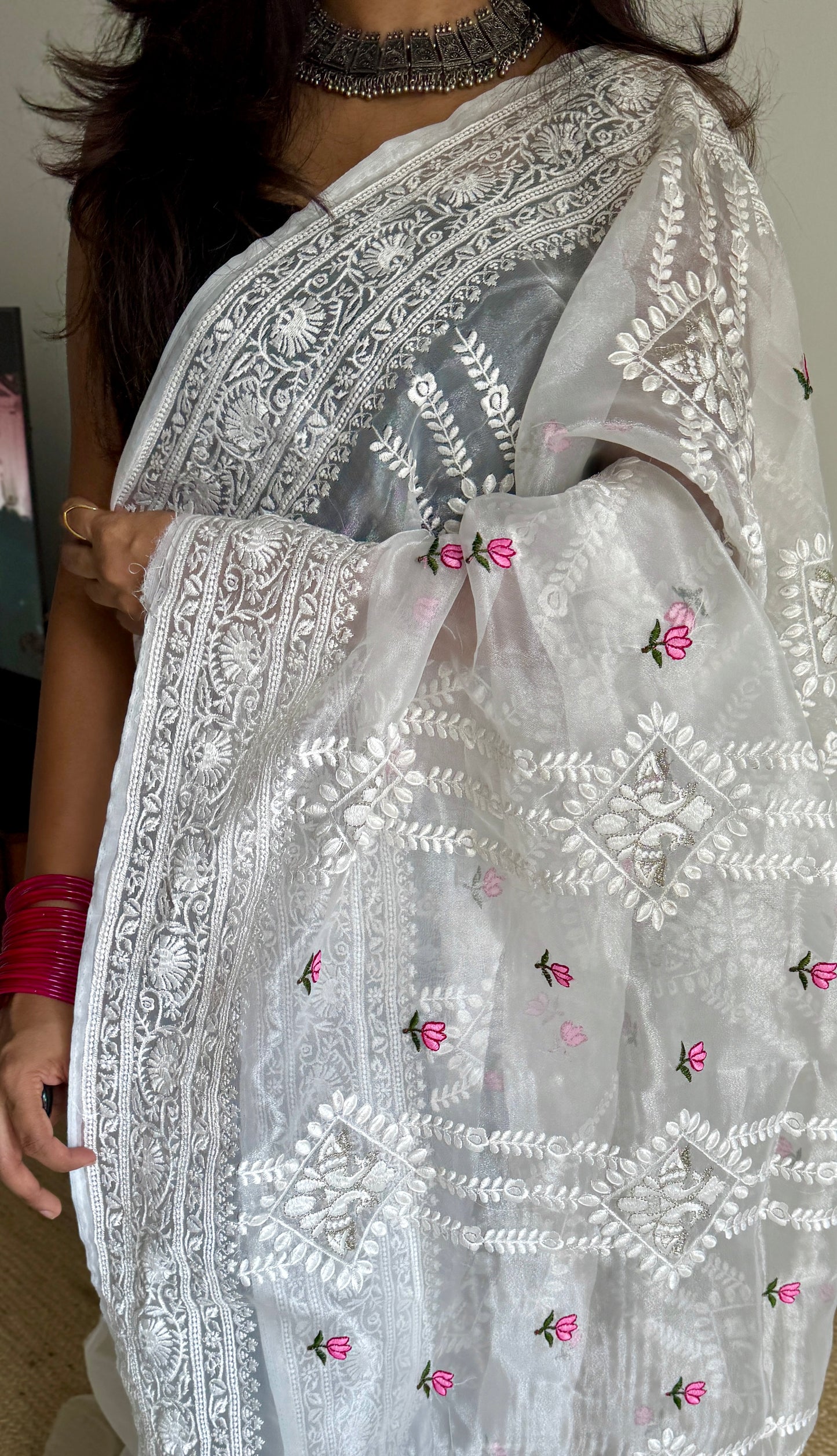 Lotus Mist - Pure White with Embroidery, Silk Organza