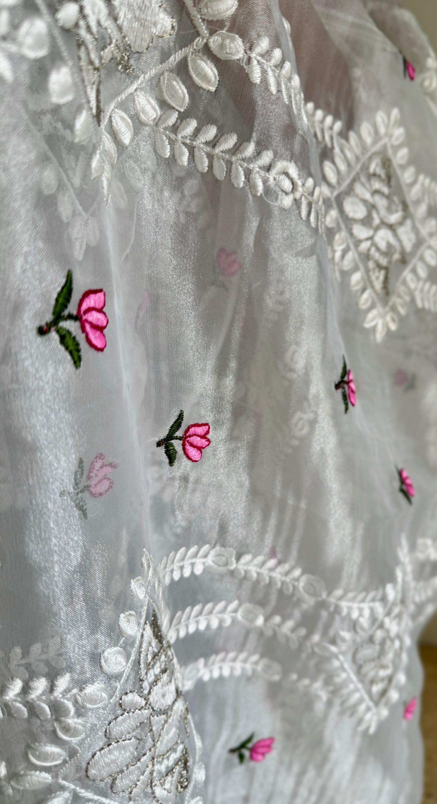 Lotus Mist - Pure White with Embroidery, Silk Organza