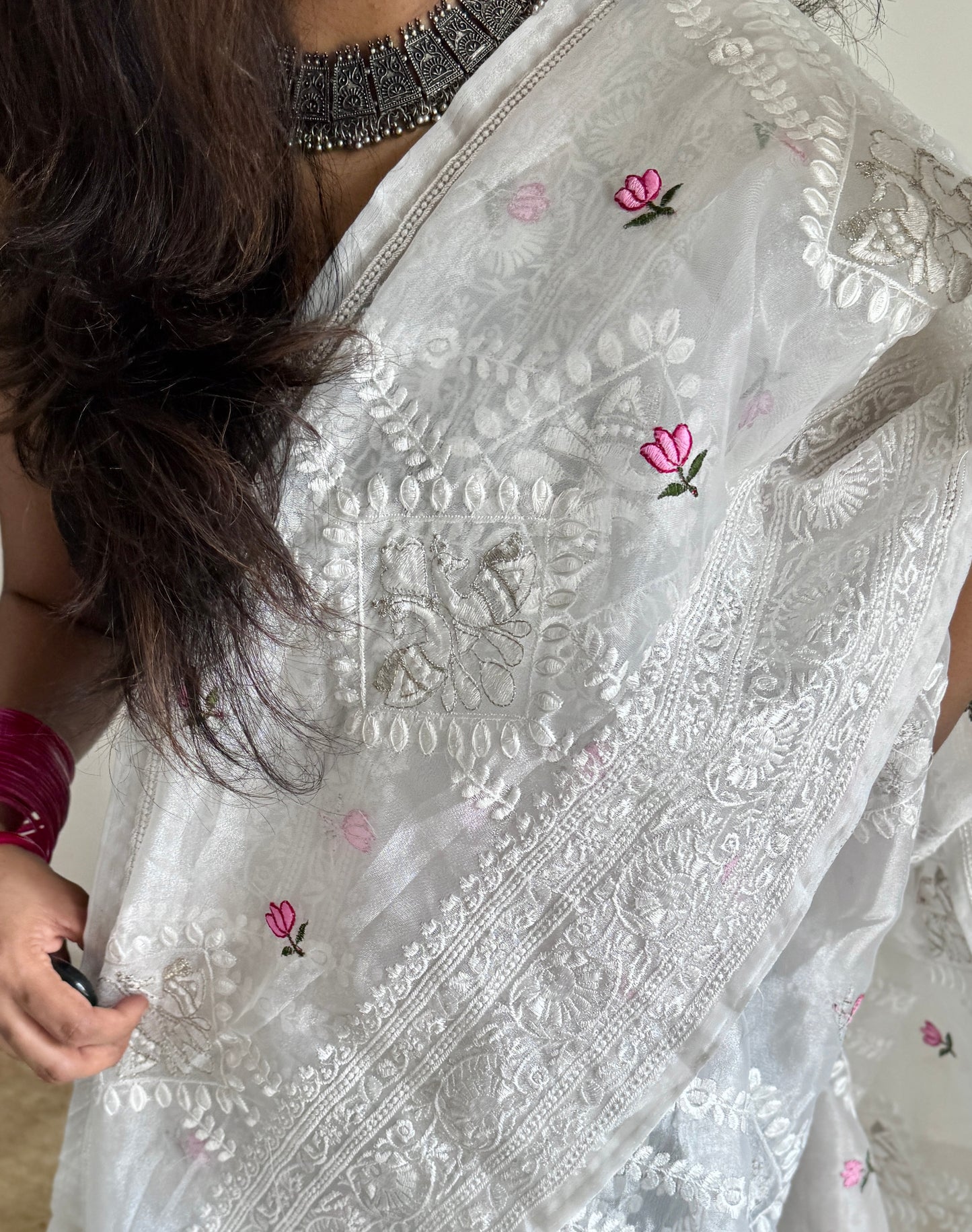 Lotus Mist - Pure White with Embroidery, Silk Organza