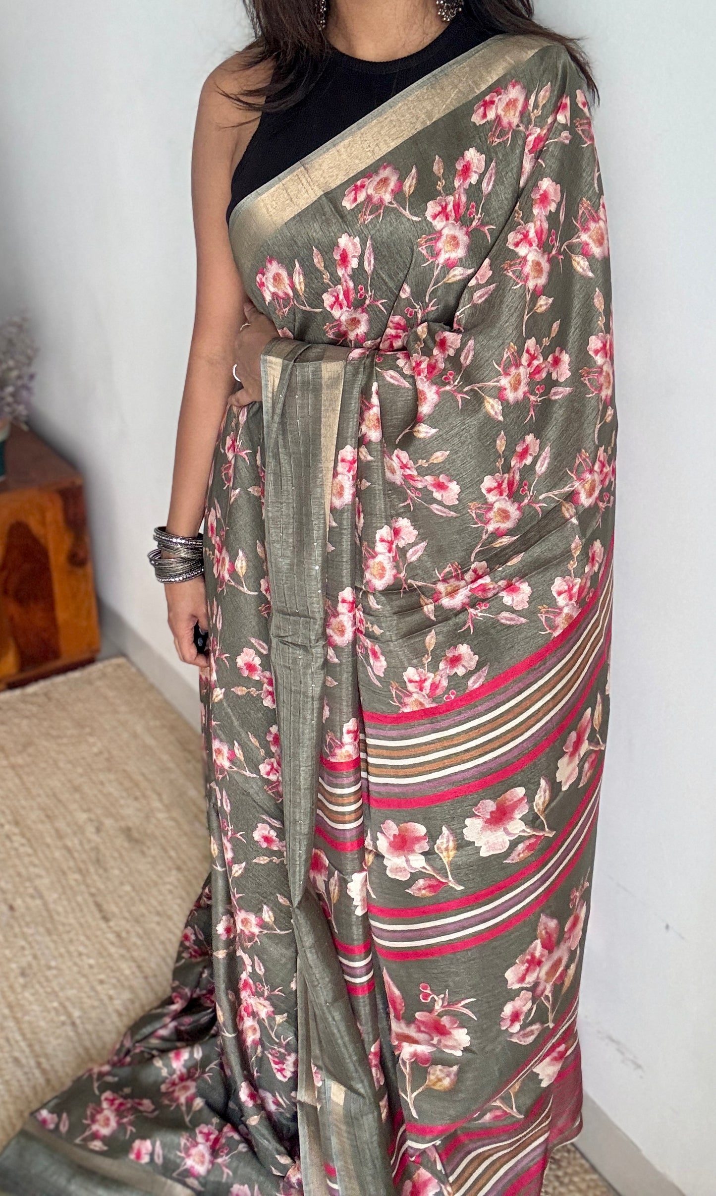 Grey Floral Prints - Semi-Crepe