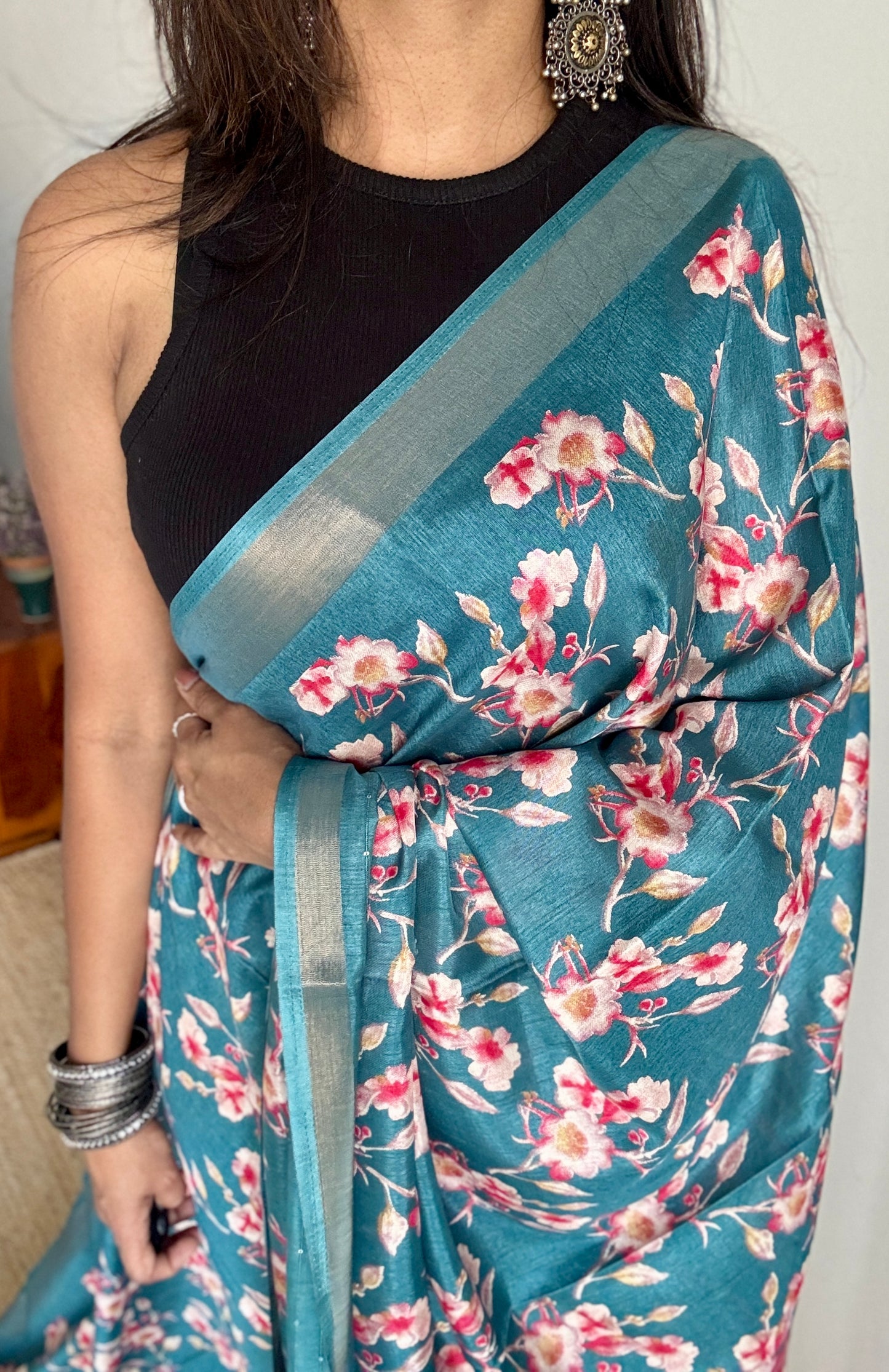 Turquoise Floral Prints - Semi-Crepe