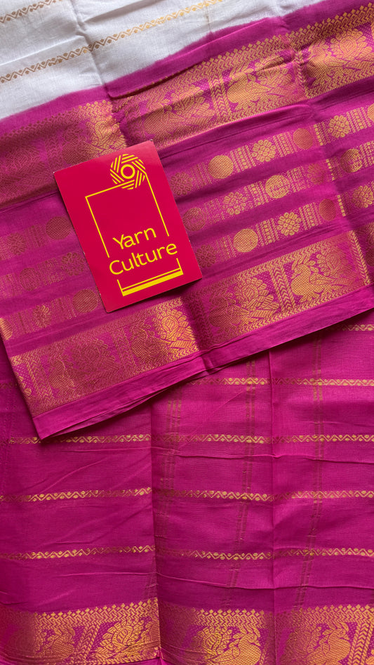 White and hot pink sungudi with rettai pettu wide border