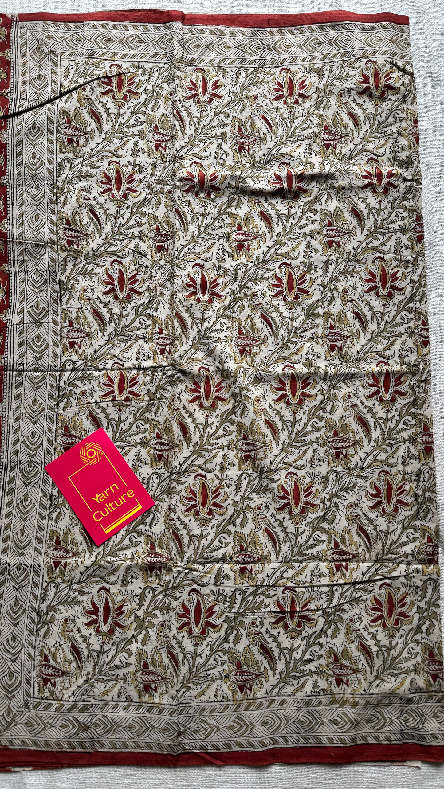 Cream kalamkari, red floral vines, floral motif pallu YCWOTDKBP01