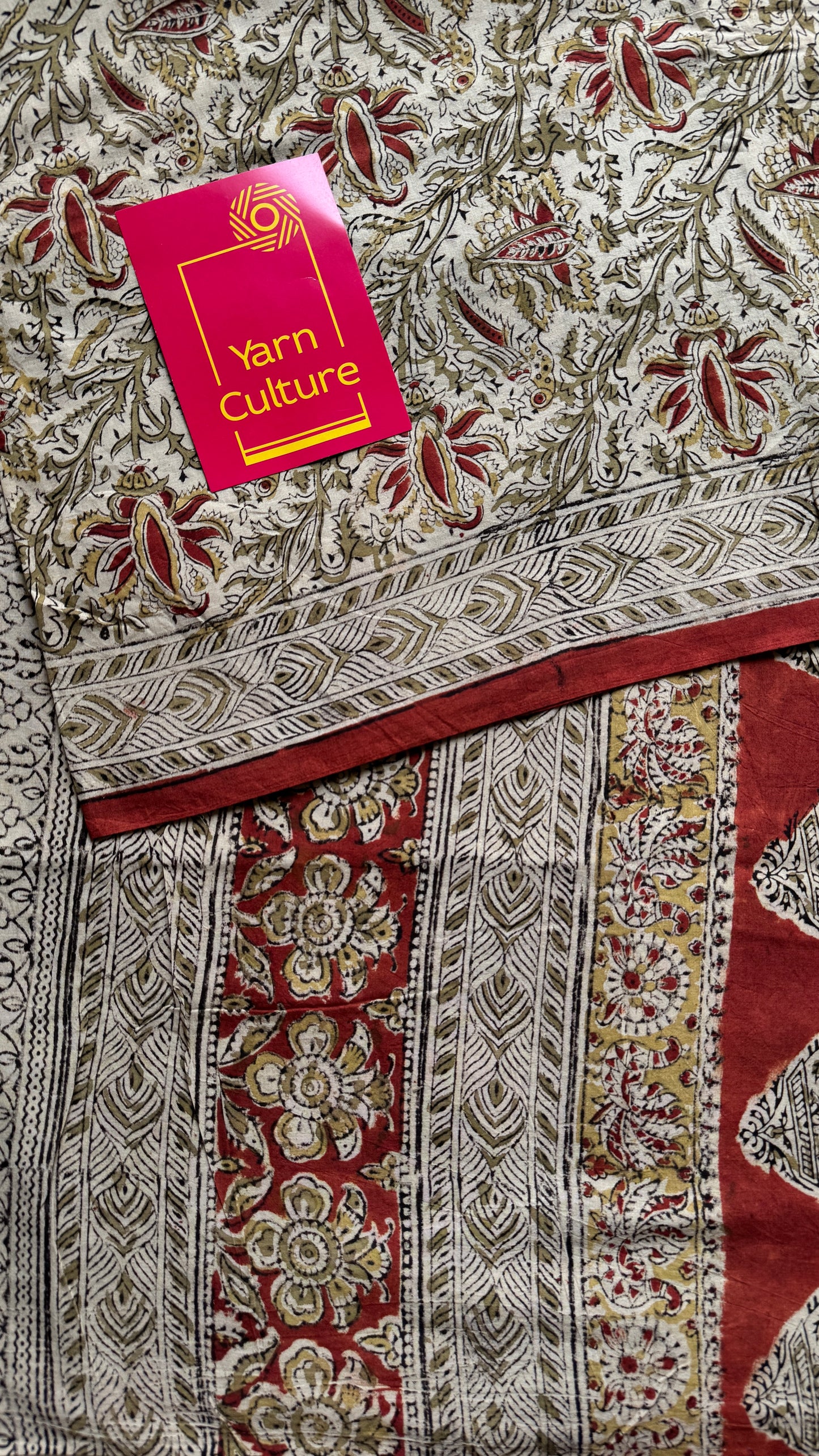 Cream kalamkari, red floral vines, floral motif pallu YCWOTDKBP01