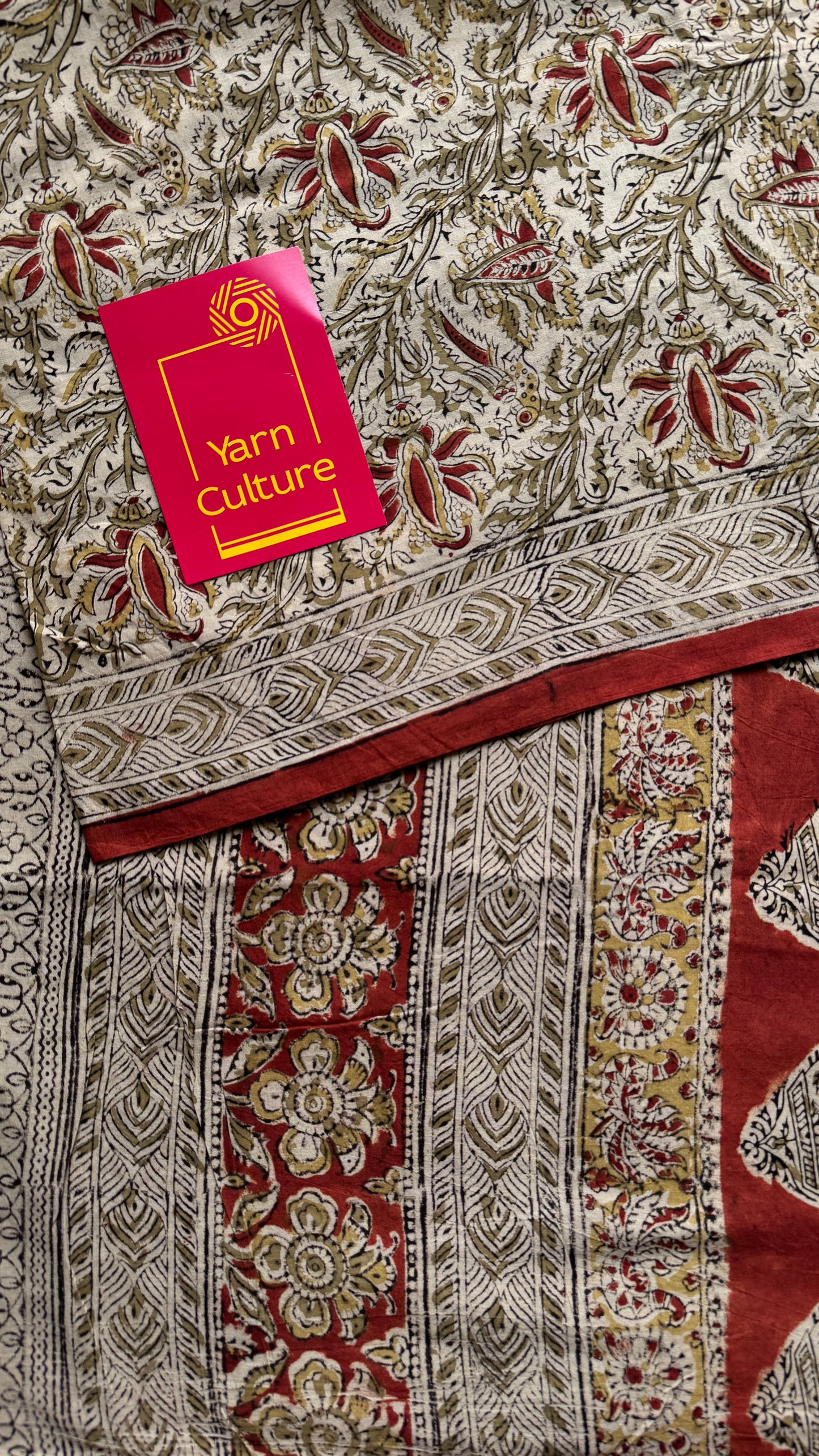 Cream kalamkari, red floral vines, floral motif pallu YCWOTDKBP01