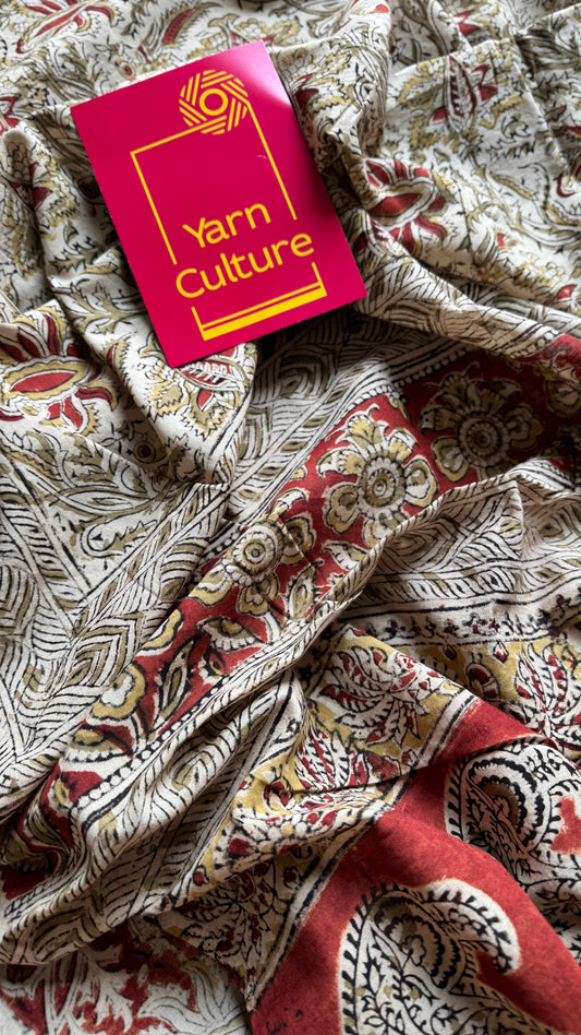 Cream kalamkari, red floral vines, floral motif pallu YCWOTDKBP01