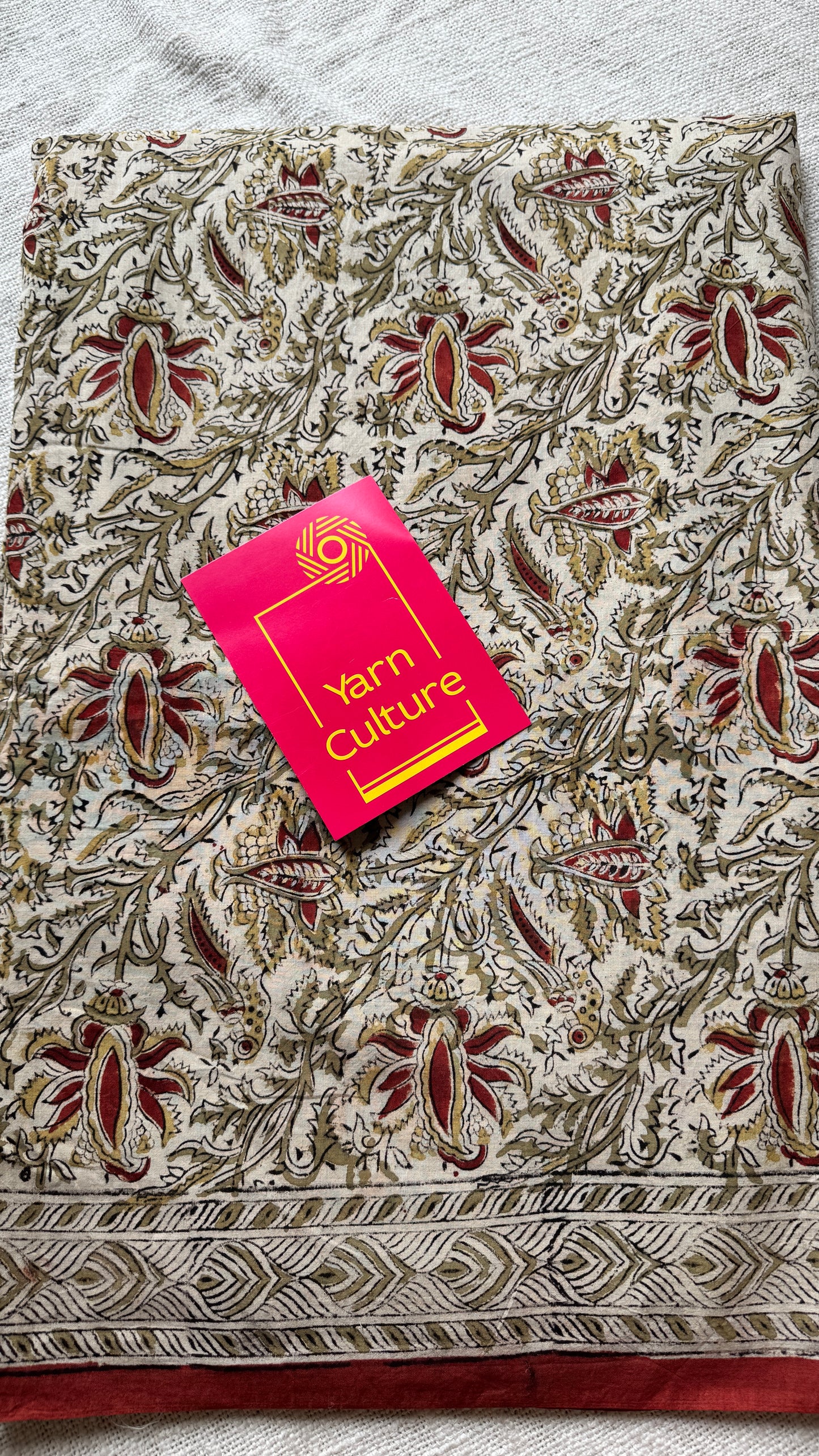 Cream kalamkari, red floral vines, floral motif pallu YCWOTDKBP01
