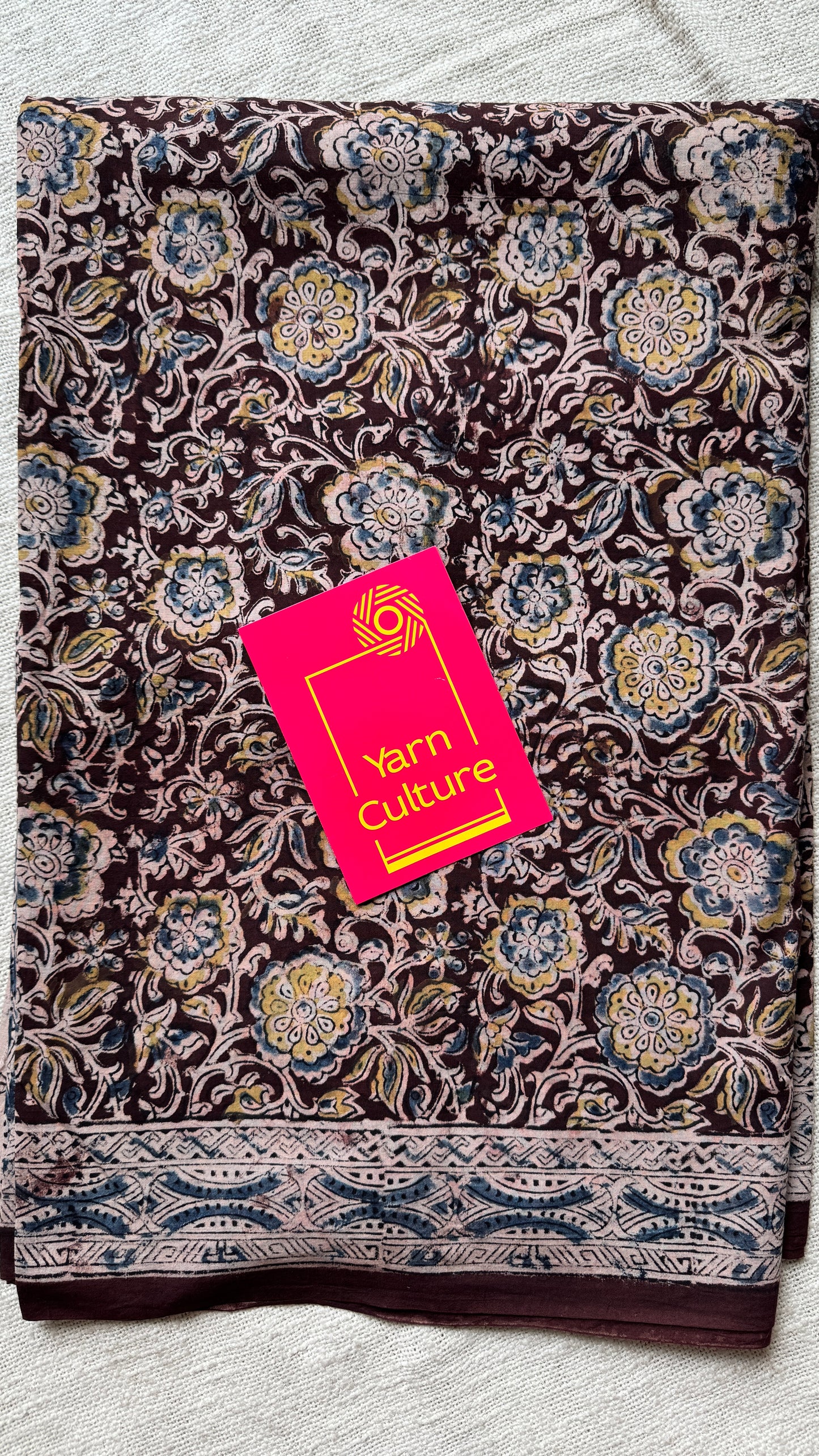 Dark maroon kalamkari, yellow blue floral vines, floral motif pallu YCWOTDKBP03