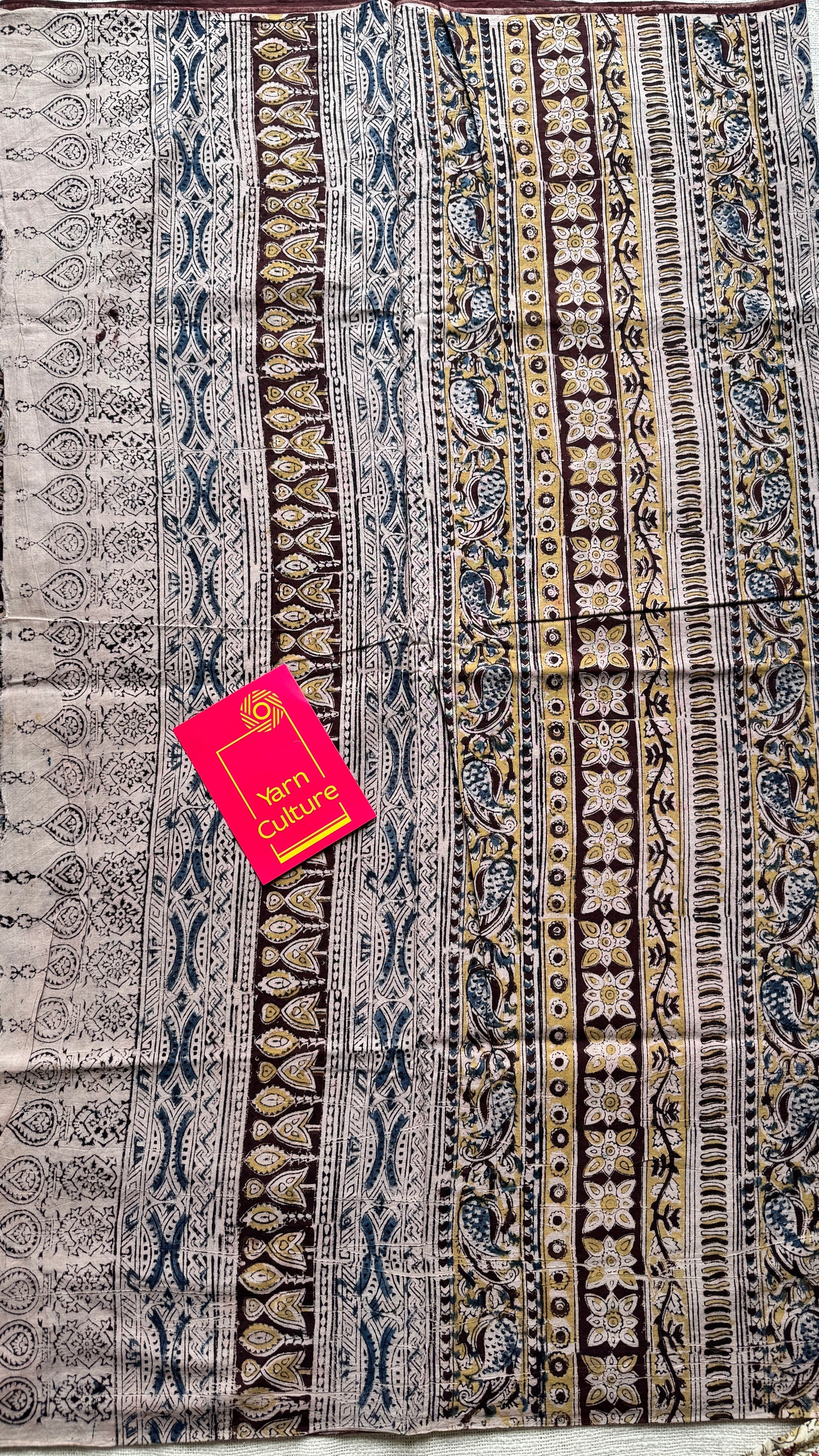 Dark maroon kalamkari, yellow blue floral vines, floral motif pallu YCWOTDKBP03
