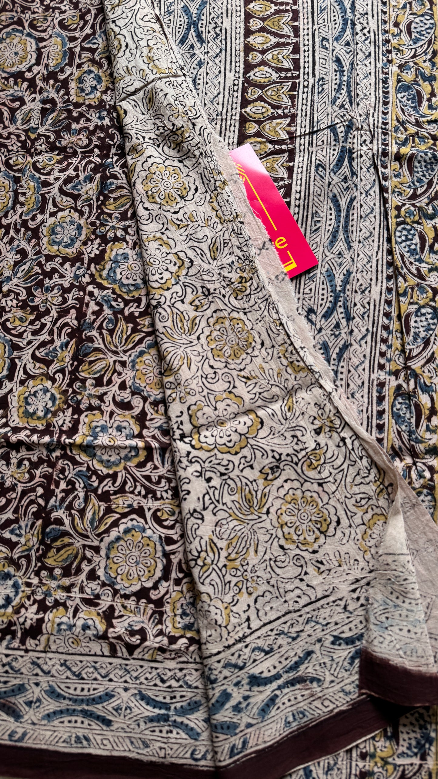 Dark maroon kalamkari, yellow blue floral vines, floral motif pallu YCWOTDKBP03