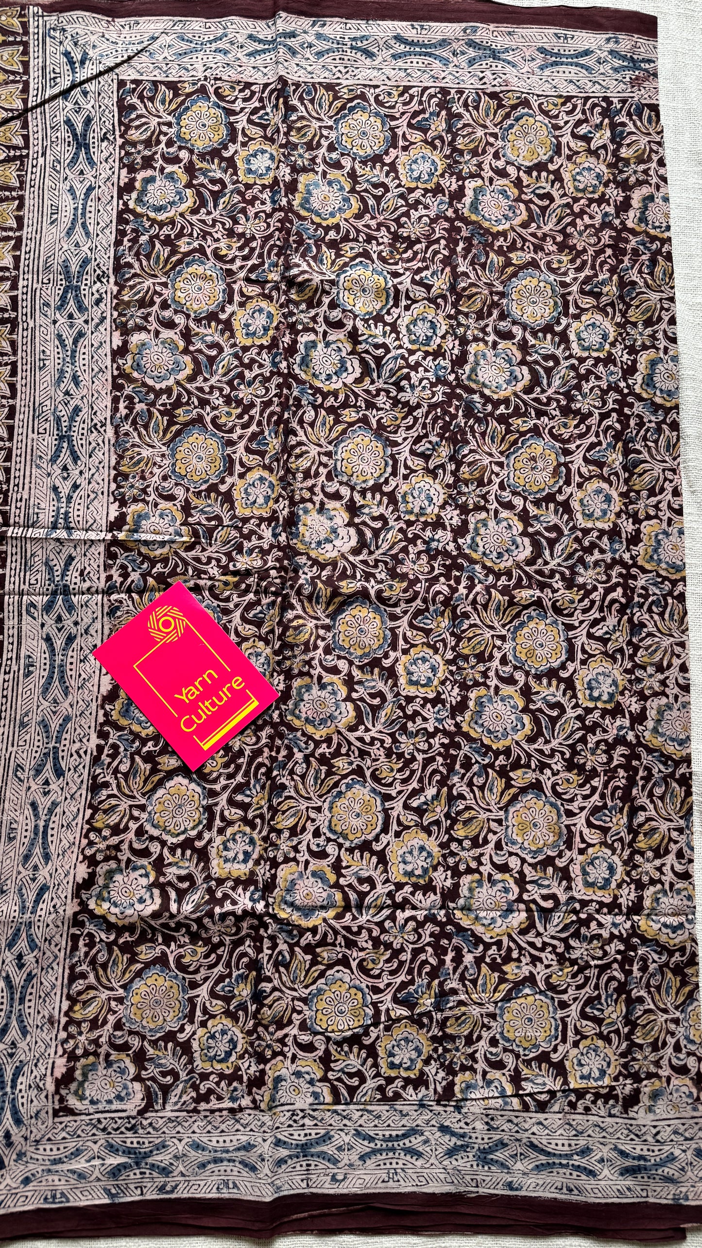 Dark maroon kalamkari, yellow blue floral vines, floral motif pallu YCWOTDKBP03