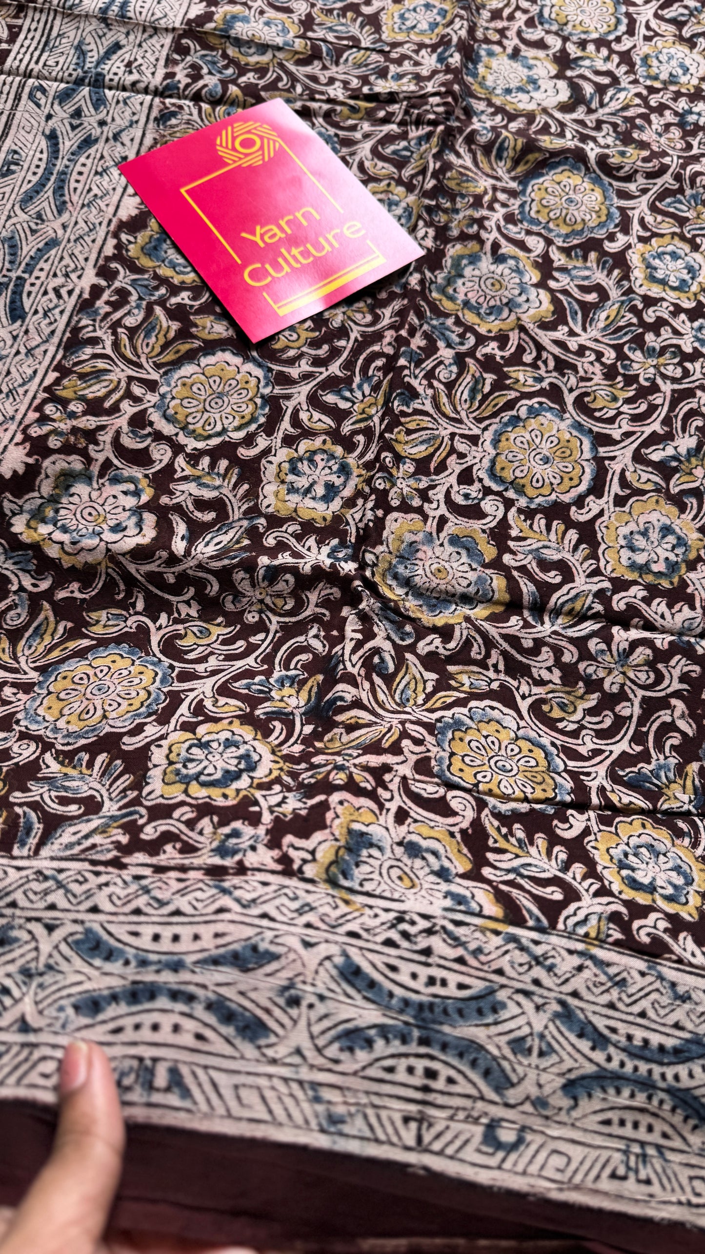 Dark maroon kalamkari, yellow blue floral vines, floral motif pallu YCWOTDKBP03