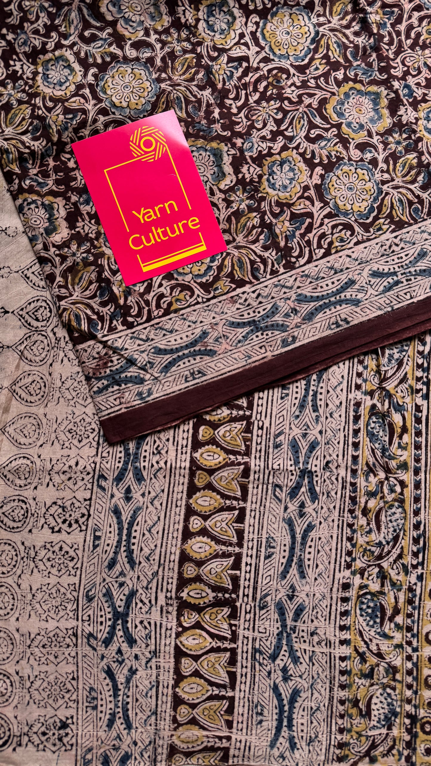 Dark maroon kalamkari, yellow blue floral vines, floral motif pallu YCWOTDKBP03
