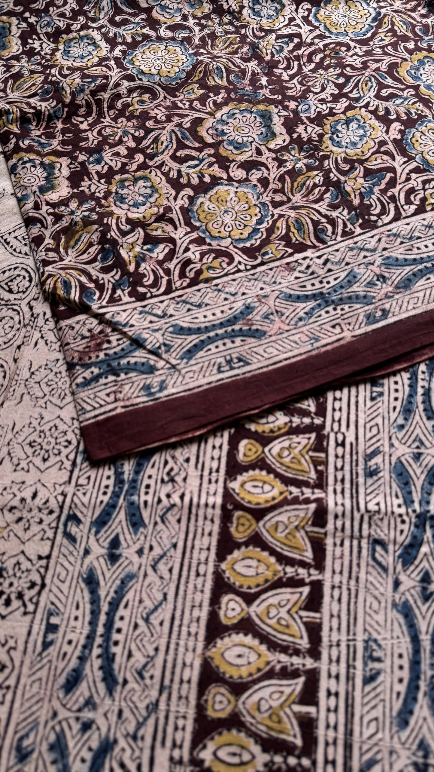 Dark maroon kalamkari, yellow blue floral vines, floral motif pallu YCWOTDKBP03