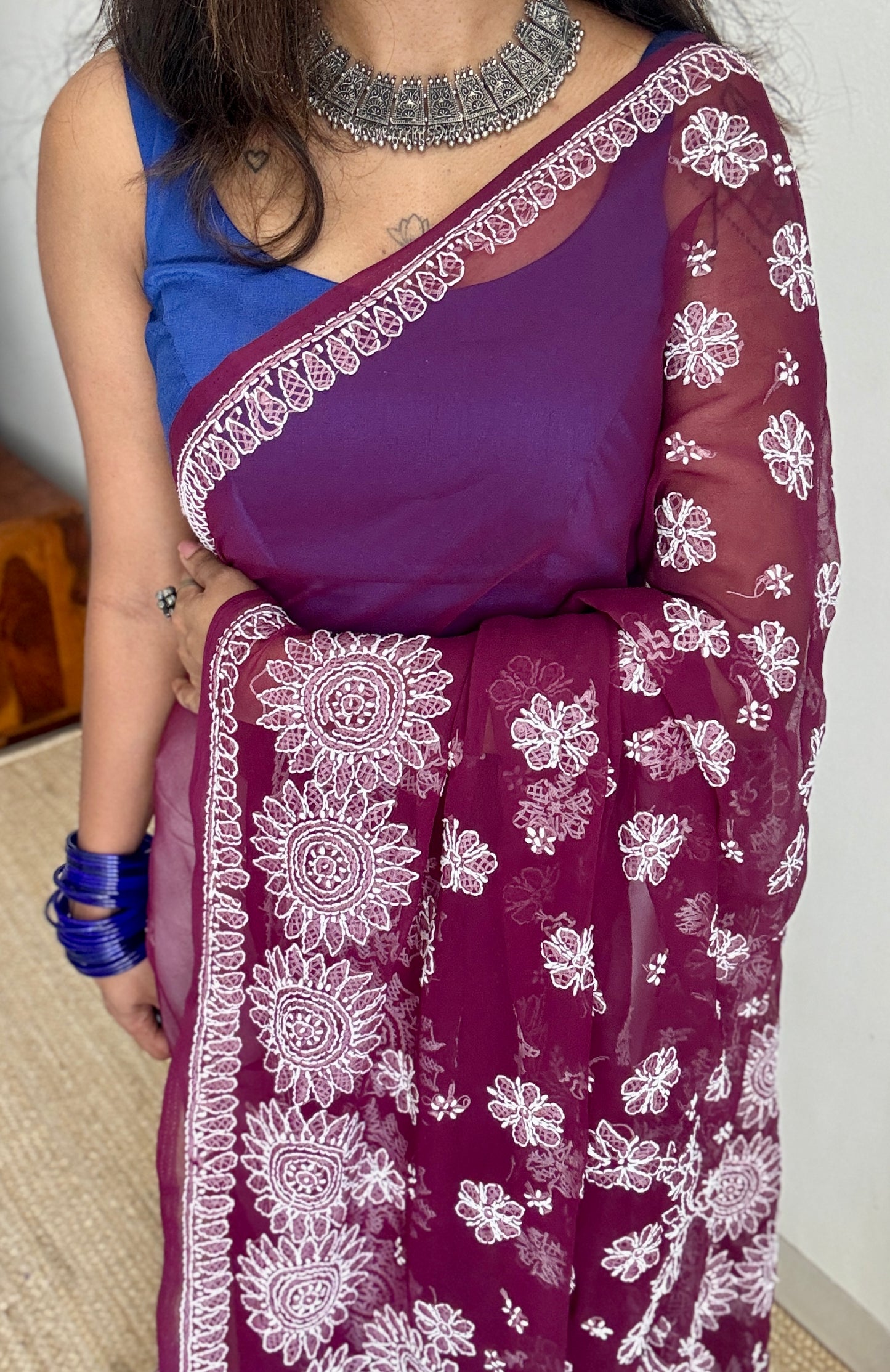 Gehra Gulaab (deep rose) – Deep Wine Chikankari, georgette