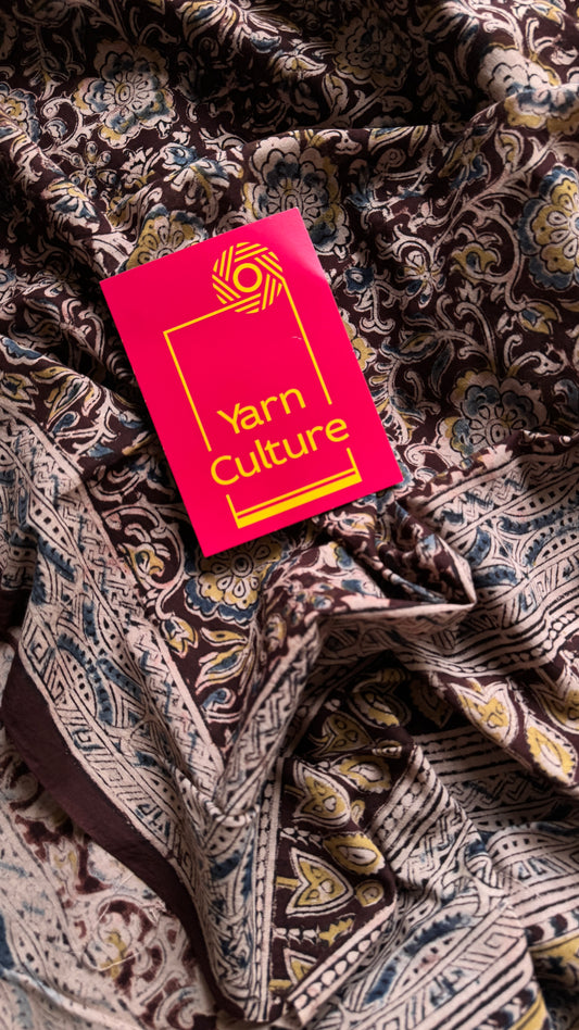 Dark maroon kalamkari, yellow blue floral vines, floral motif pallu YCWOTDKBP03