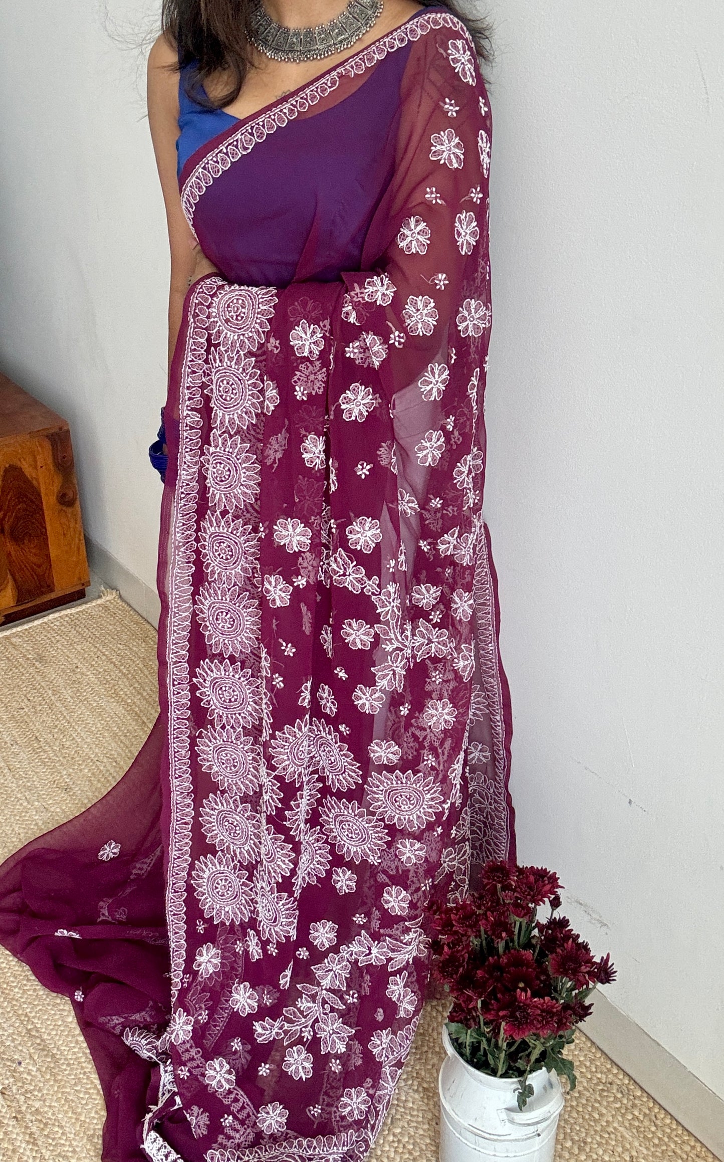 Gehra Gulaab (deep rose) – Deep Wine Chikankari, georgette