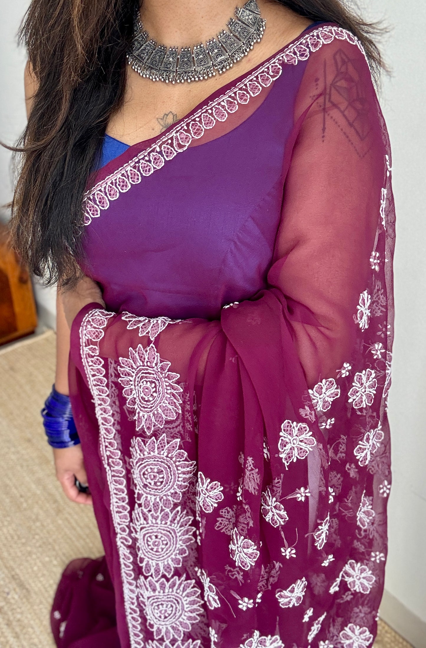 Gehra Gulaab (deep rose) – Deep Wine Chikankari, georgette