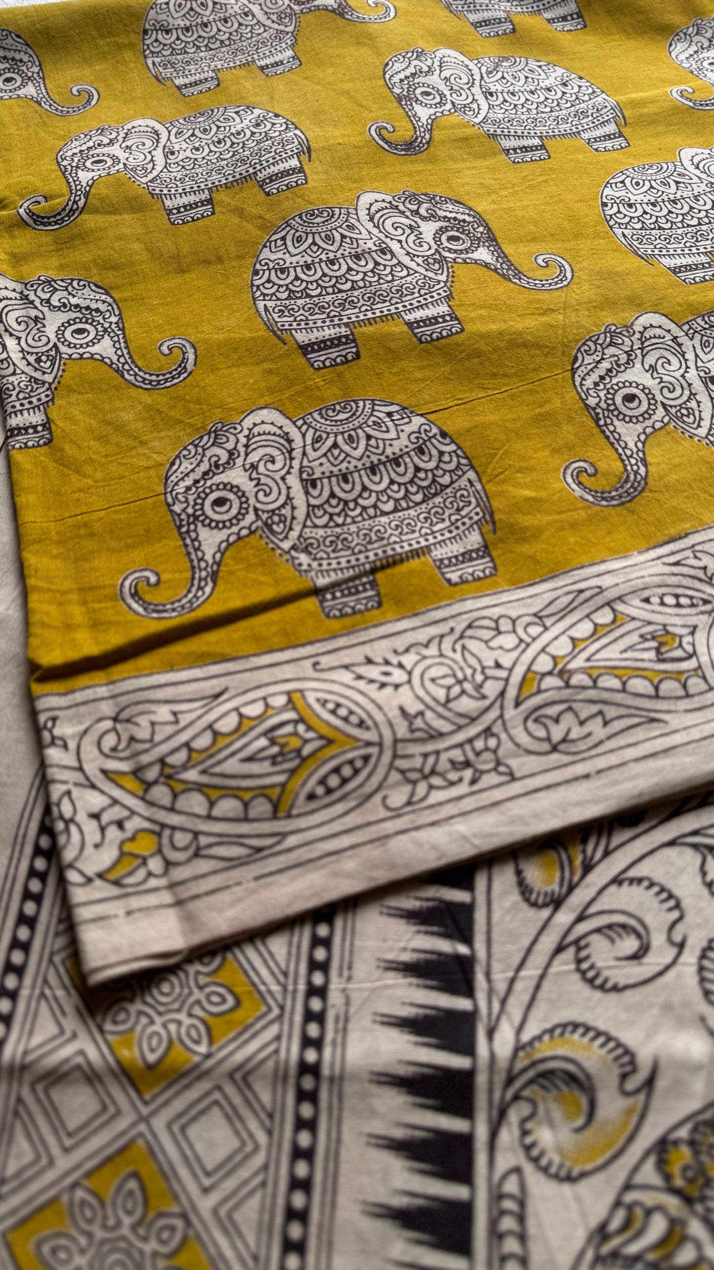 Mustard yellow kalamkari, elephant prints, soft cotton