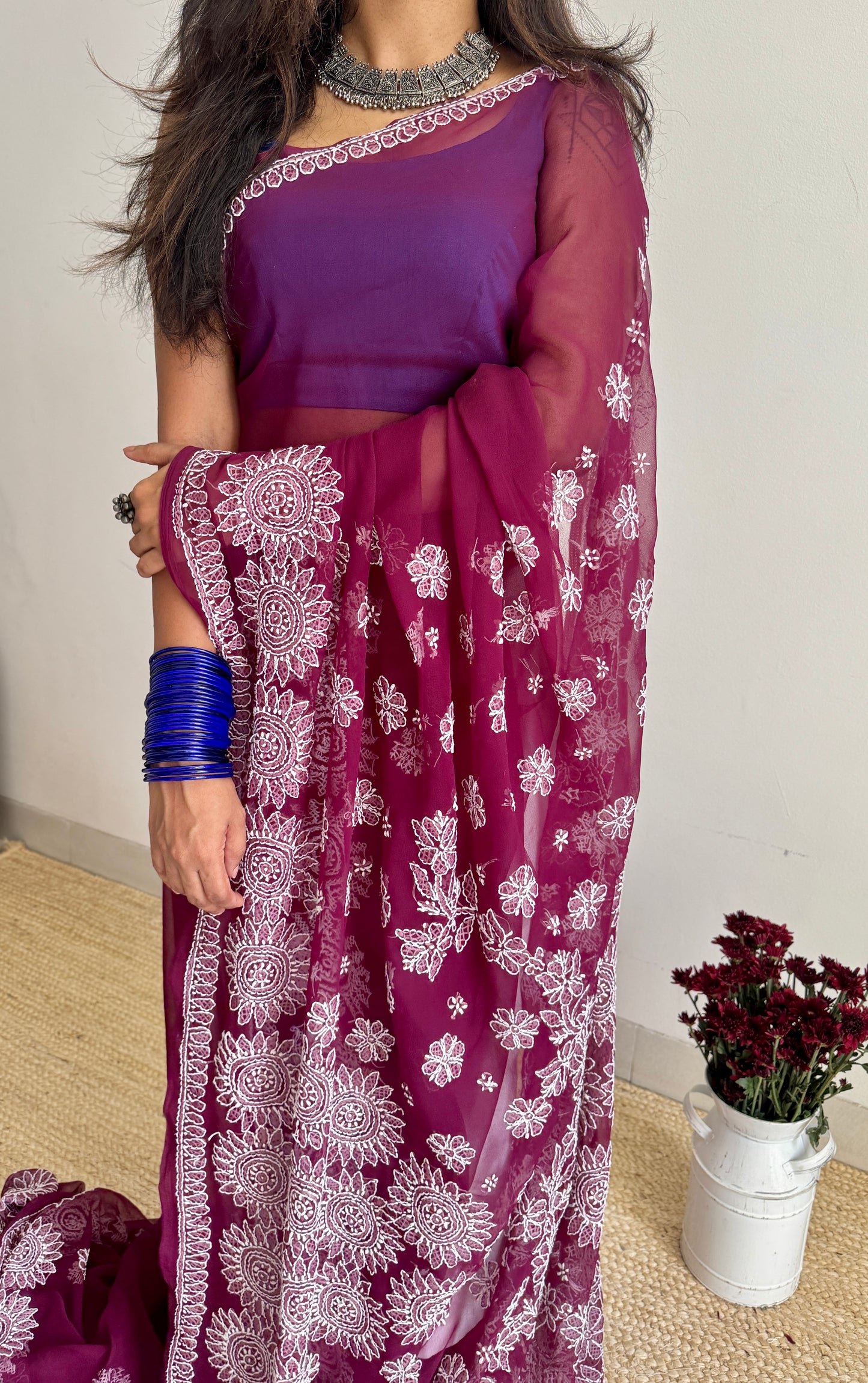 Gehra Gulaab (deep rose) – Deep Wine Chikankari, georgette