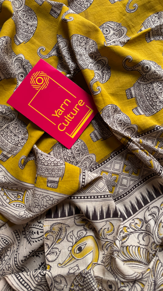 Mustard yellow kalamkari, elephant prints, soft cotton