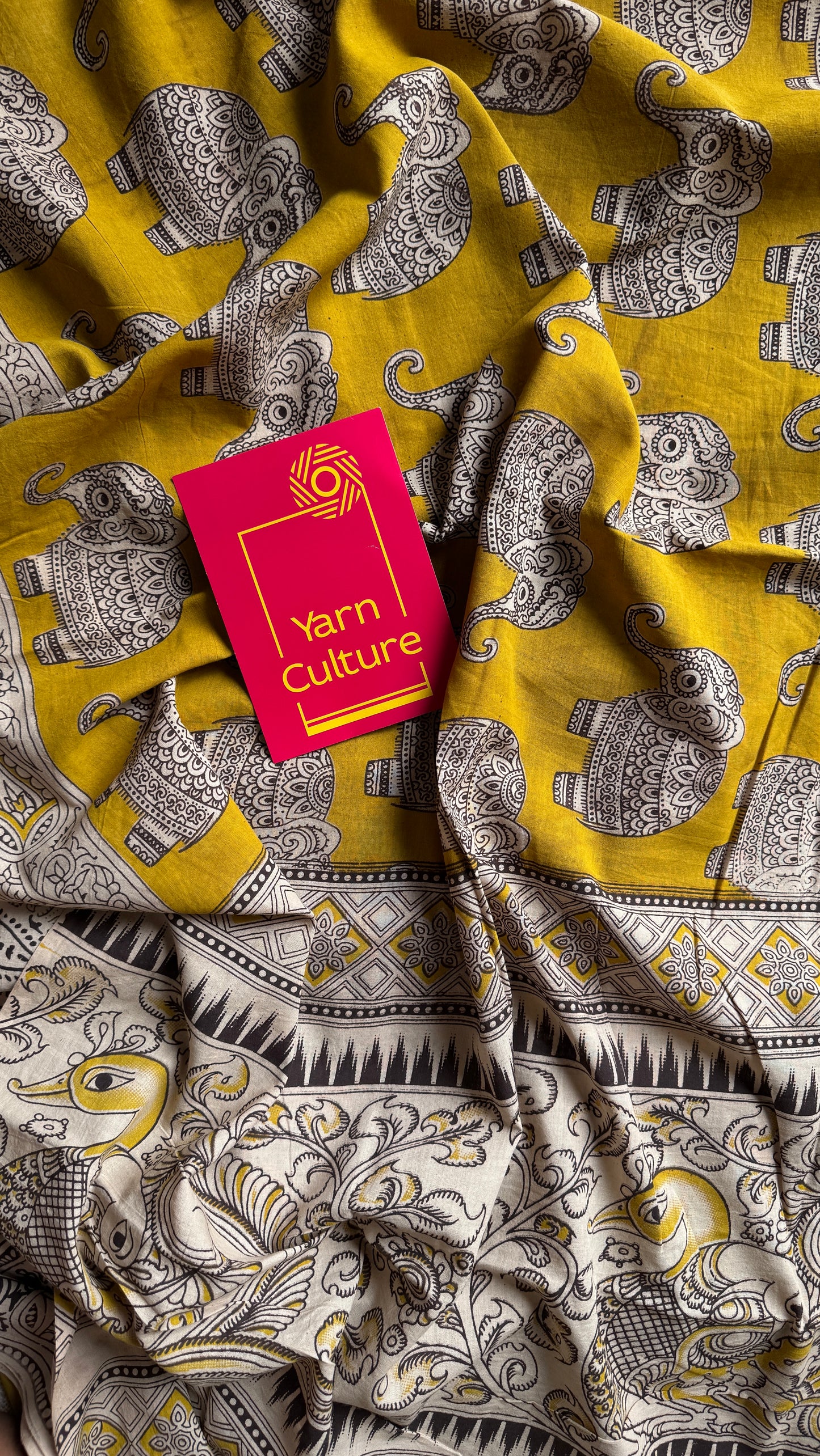 Mustard yellow kalamkari, elephant prints, soft cotton