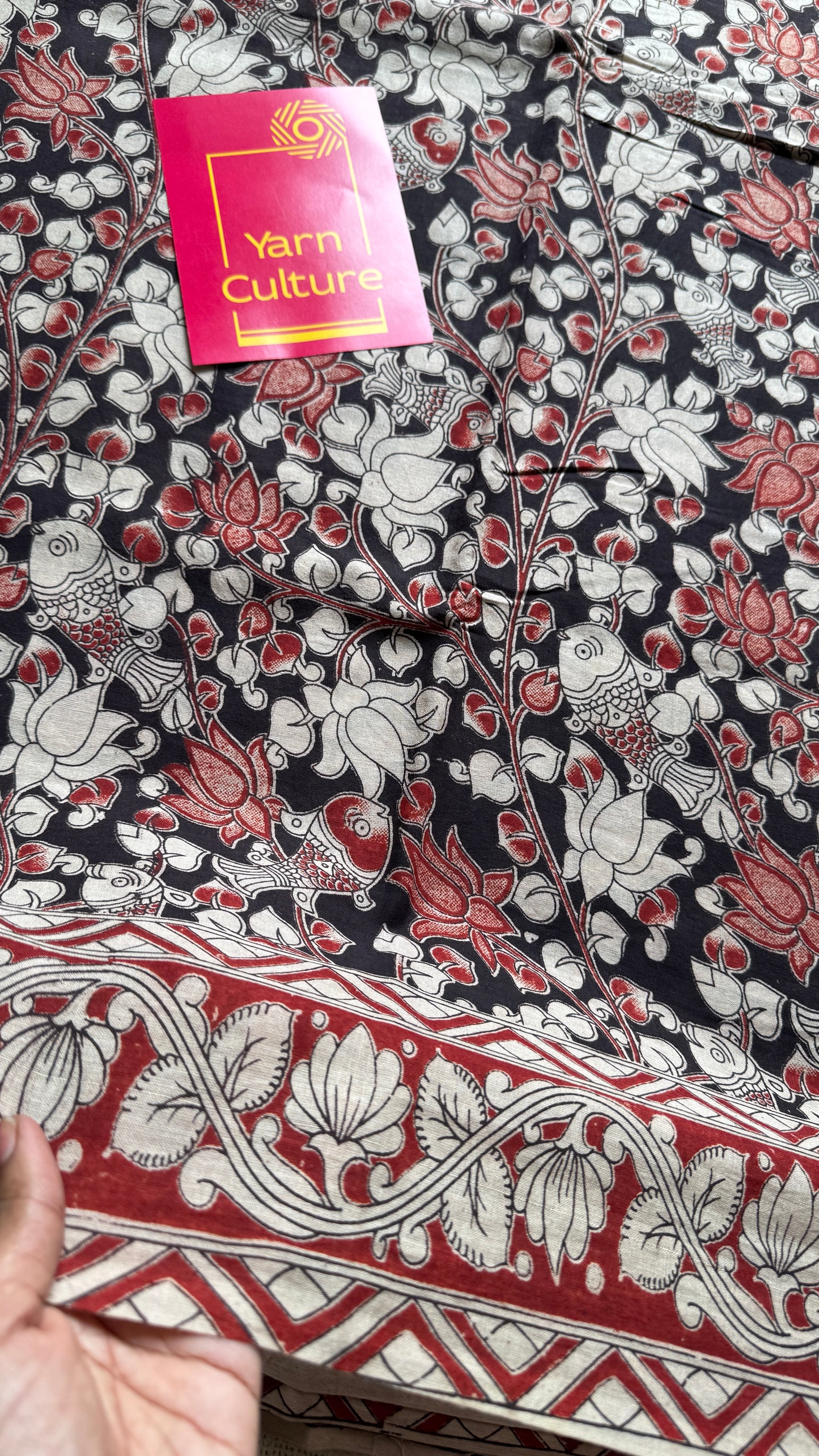 Black kalamkari, red and cream floral vines, soft cotton