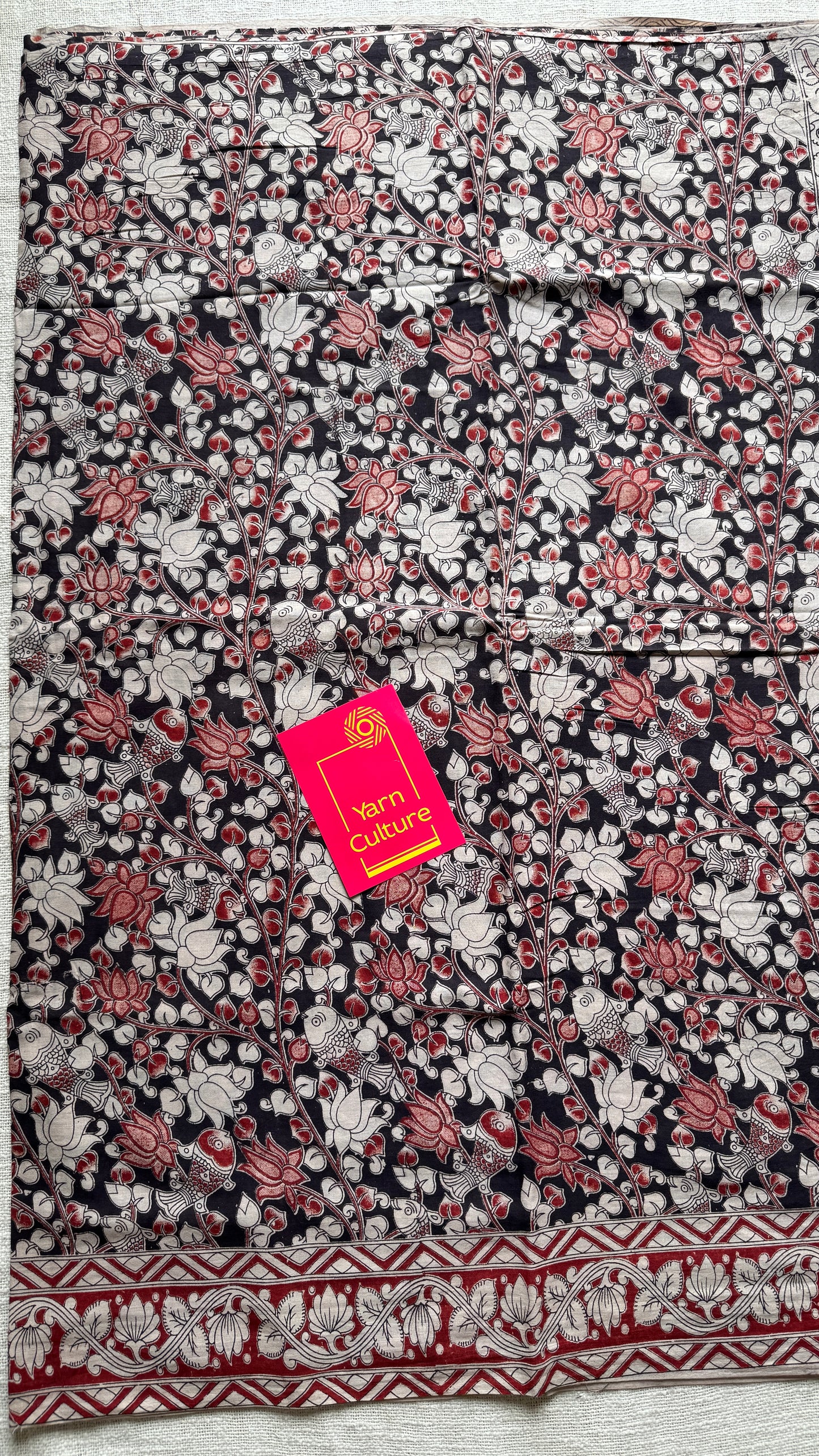 Black kalamkari, red and cream floral vines, soft cotton