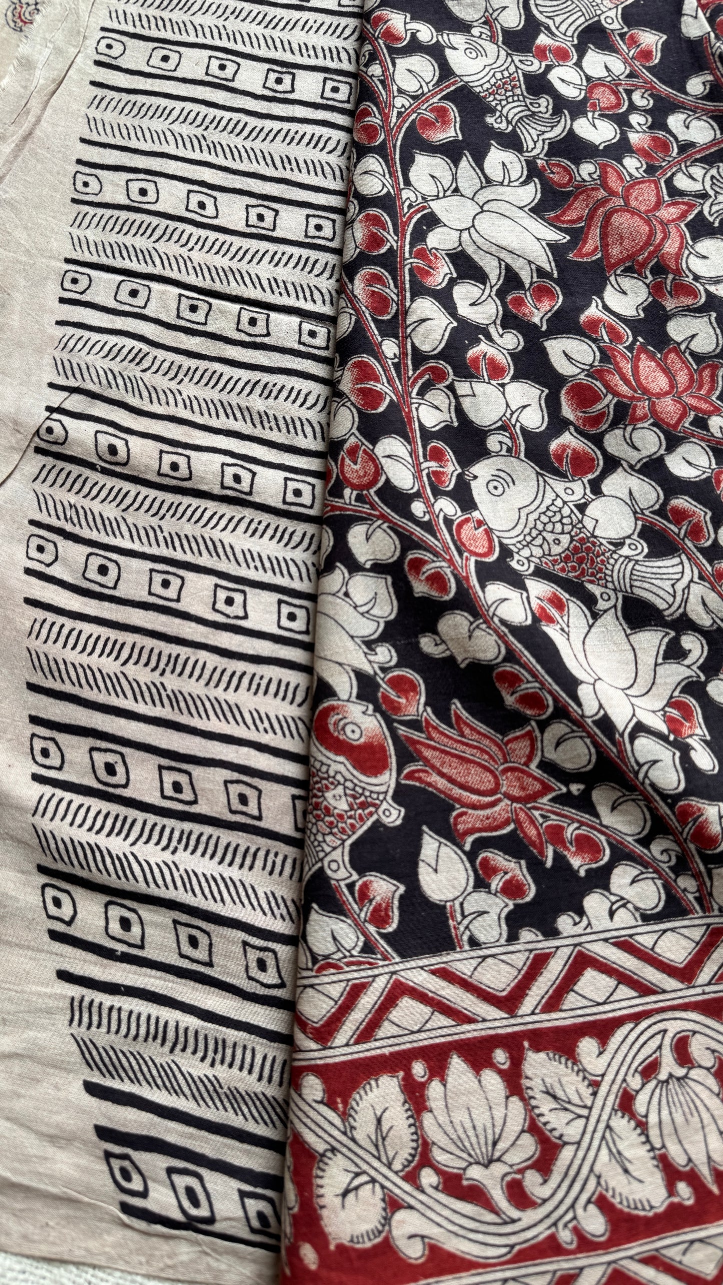 Black kalamkari, red and cream floral vines, soft cotton