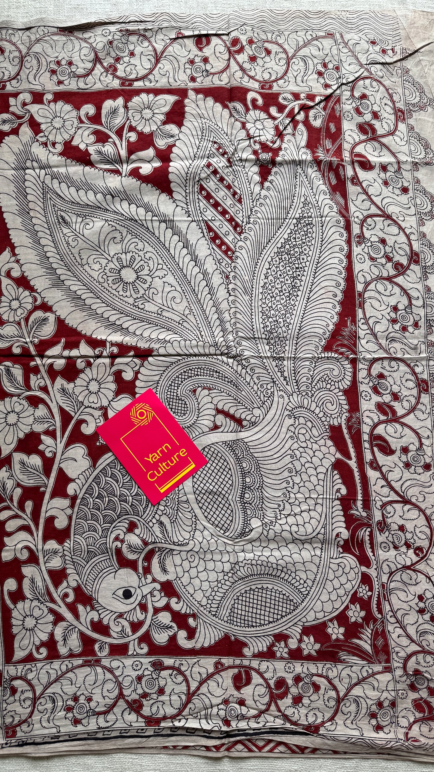 Black kalamkari, red and cream floral vines, soft cotton