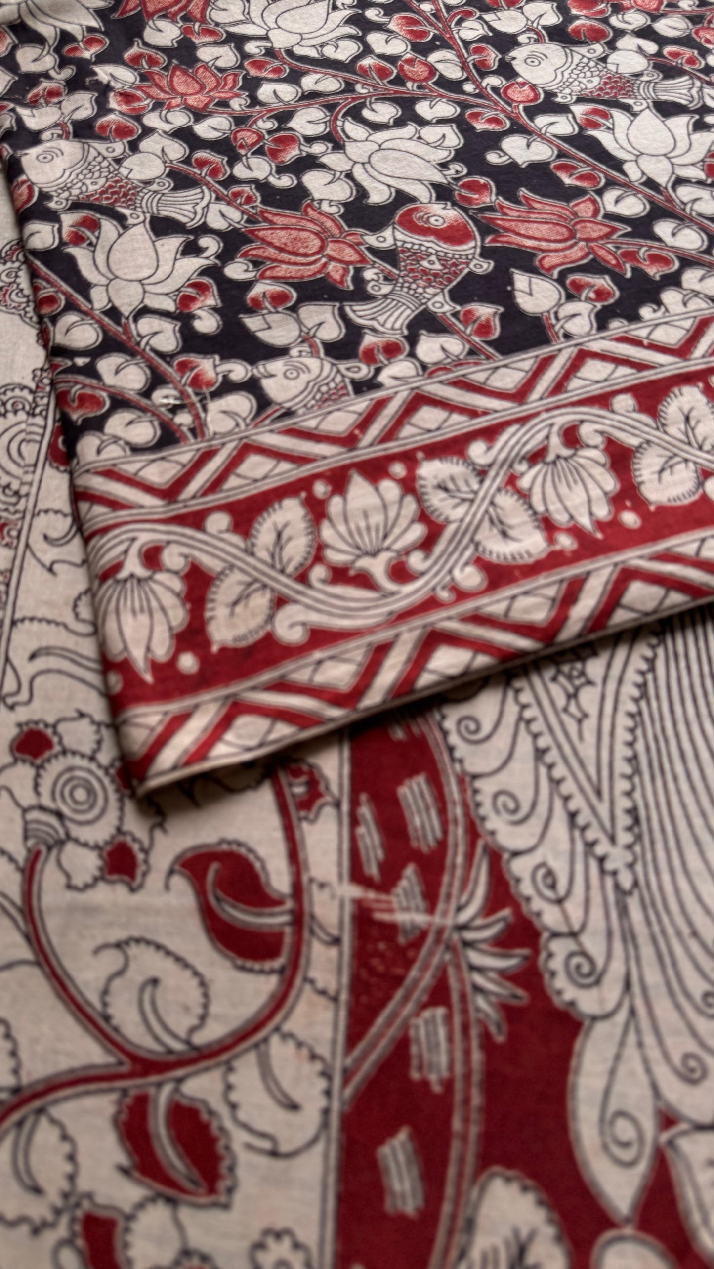 Black kalamkari, red and cream floral vines, soft cotton