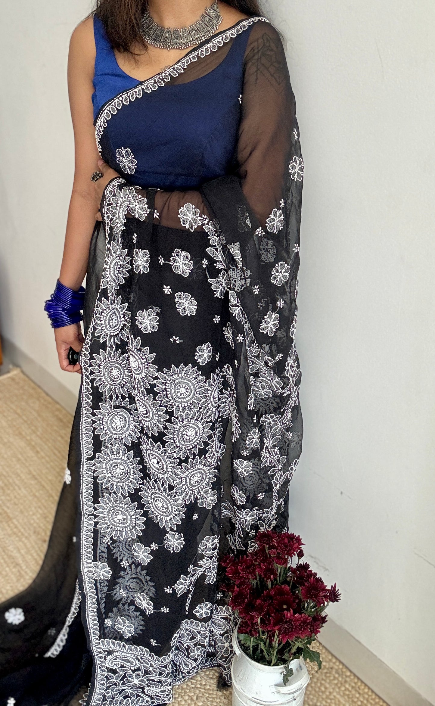 Tariq-e-Noor (path of light) – Black Chikankari, georgette