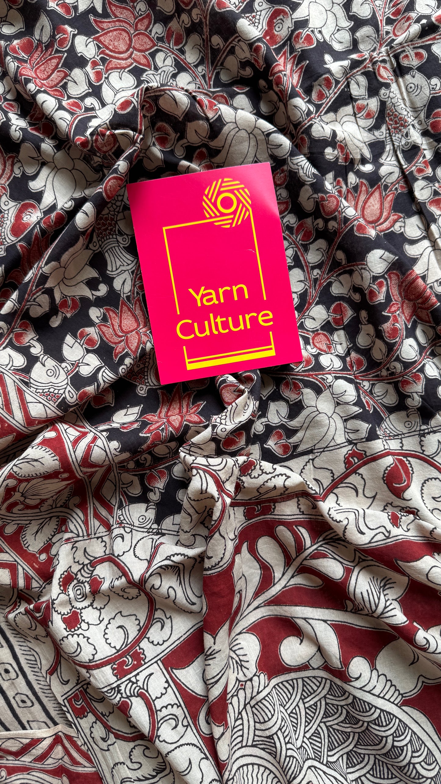 Black kalamkari, red and cream floral vines, soft cotton
