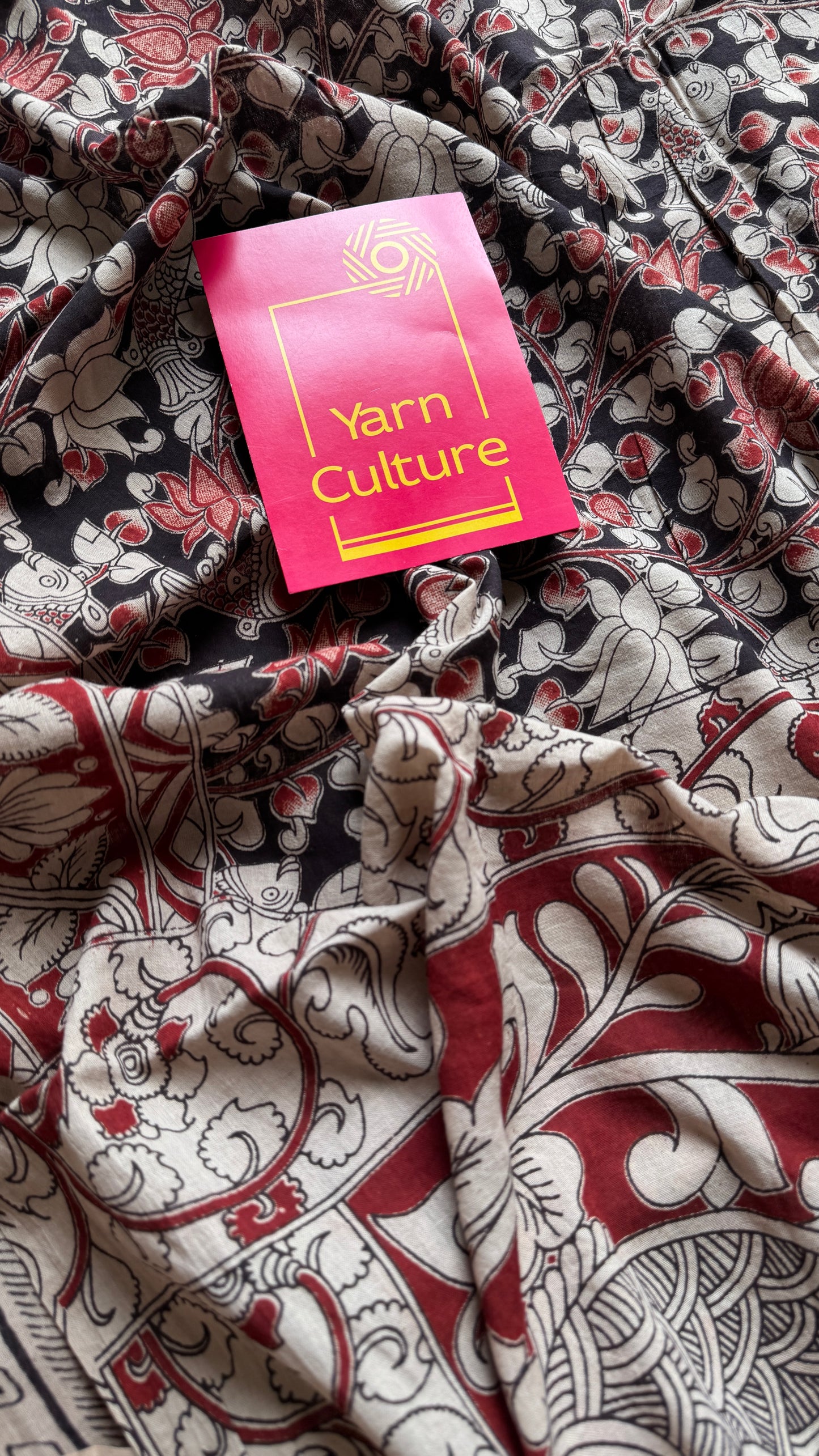Black kalamkari, red and cream floral vines, soft cotton