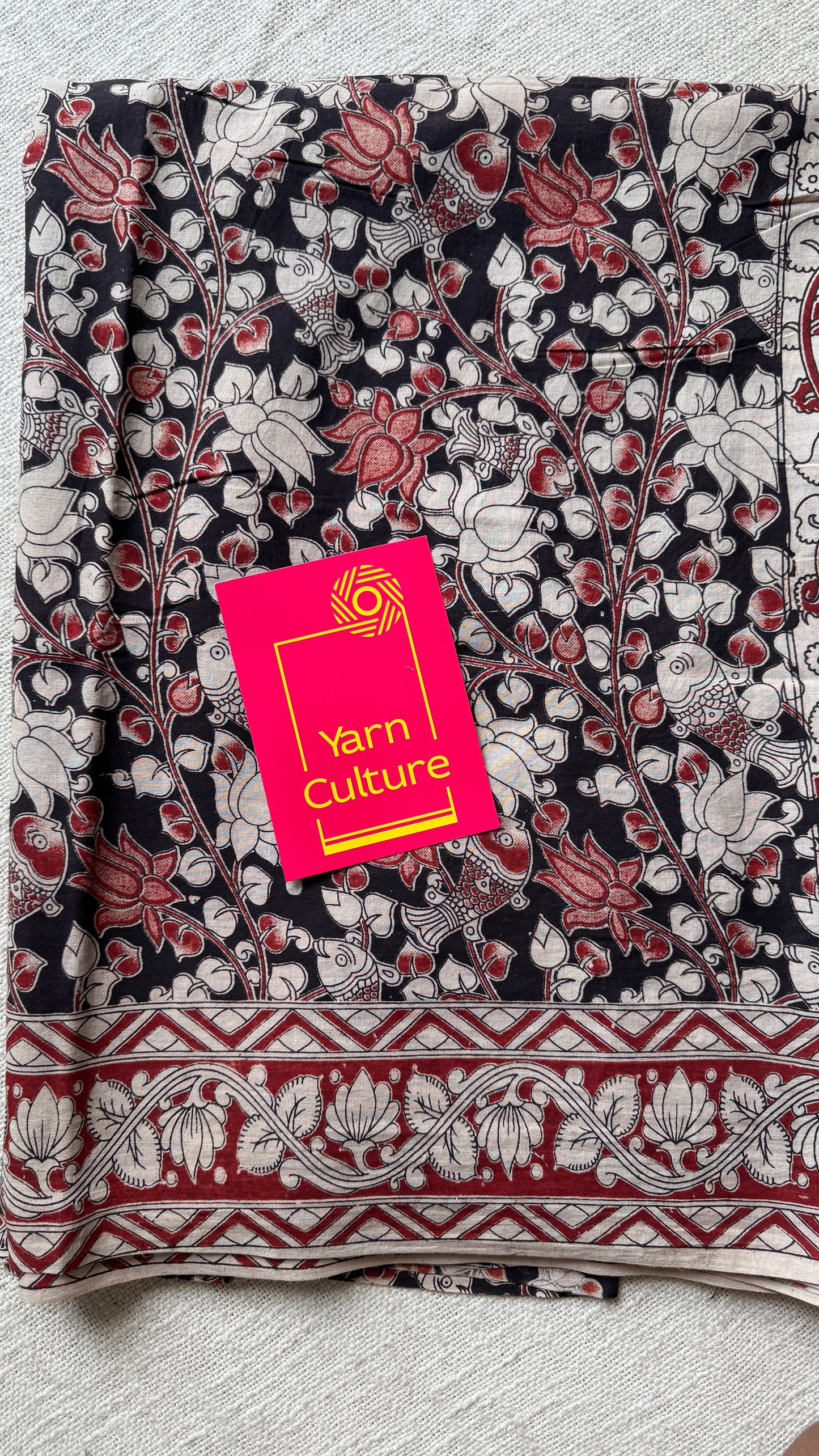 Black kalamkari, red and cream floral vines, soft cotton