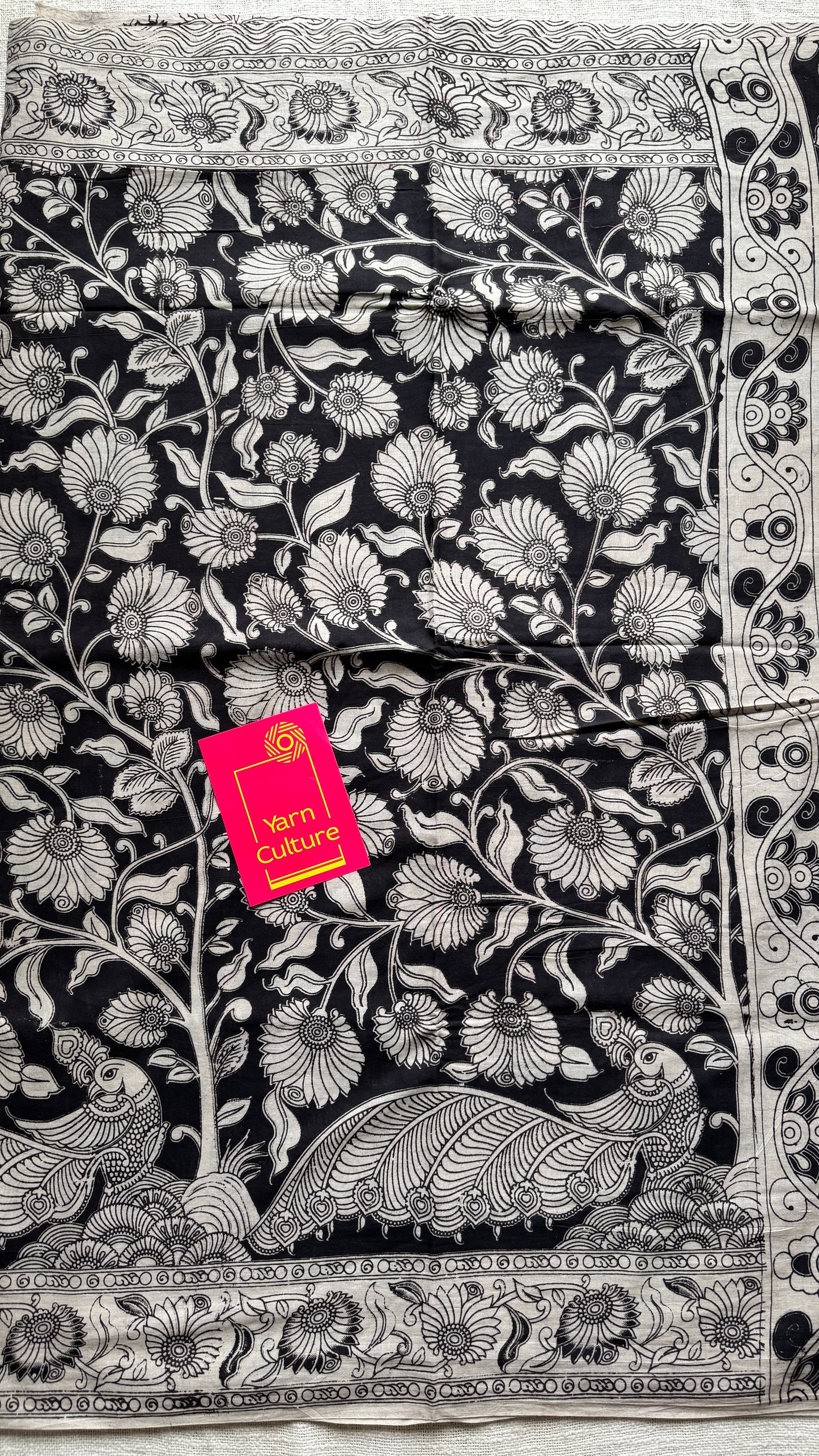 Black kalamkari, cream floral vines, soft cotton