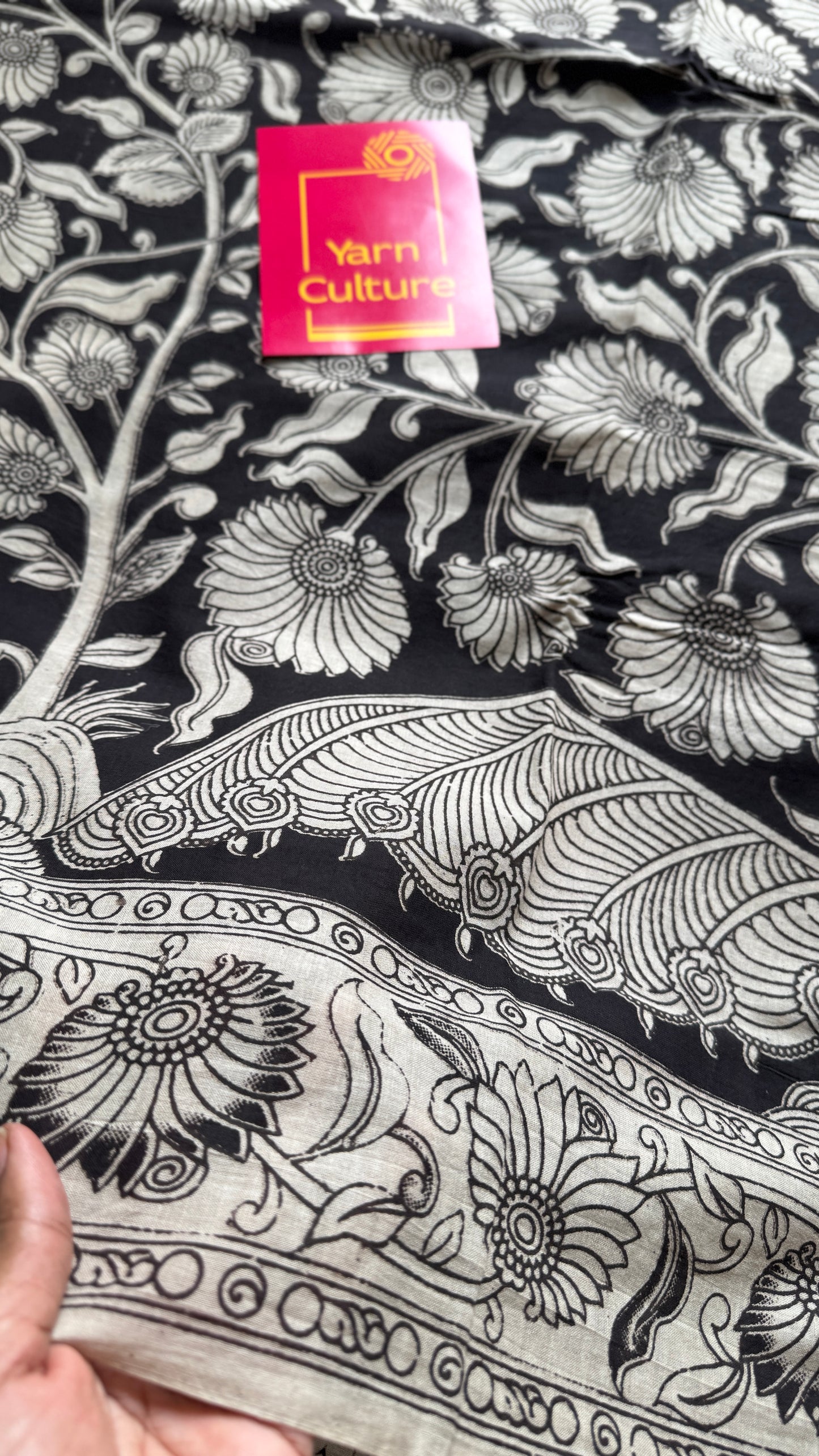 Black kalamkari, cream floral vines, soft cotton