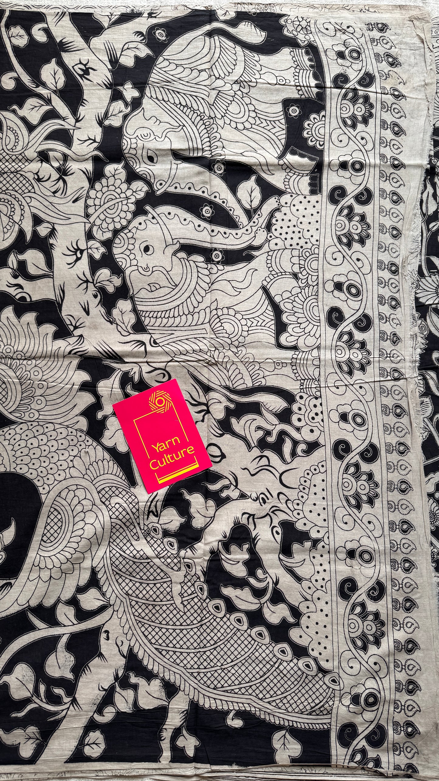 Black kalamkari, cream floral vines, soft cotton