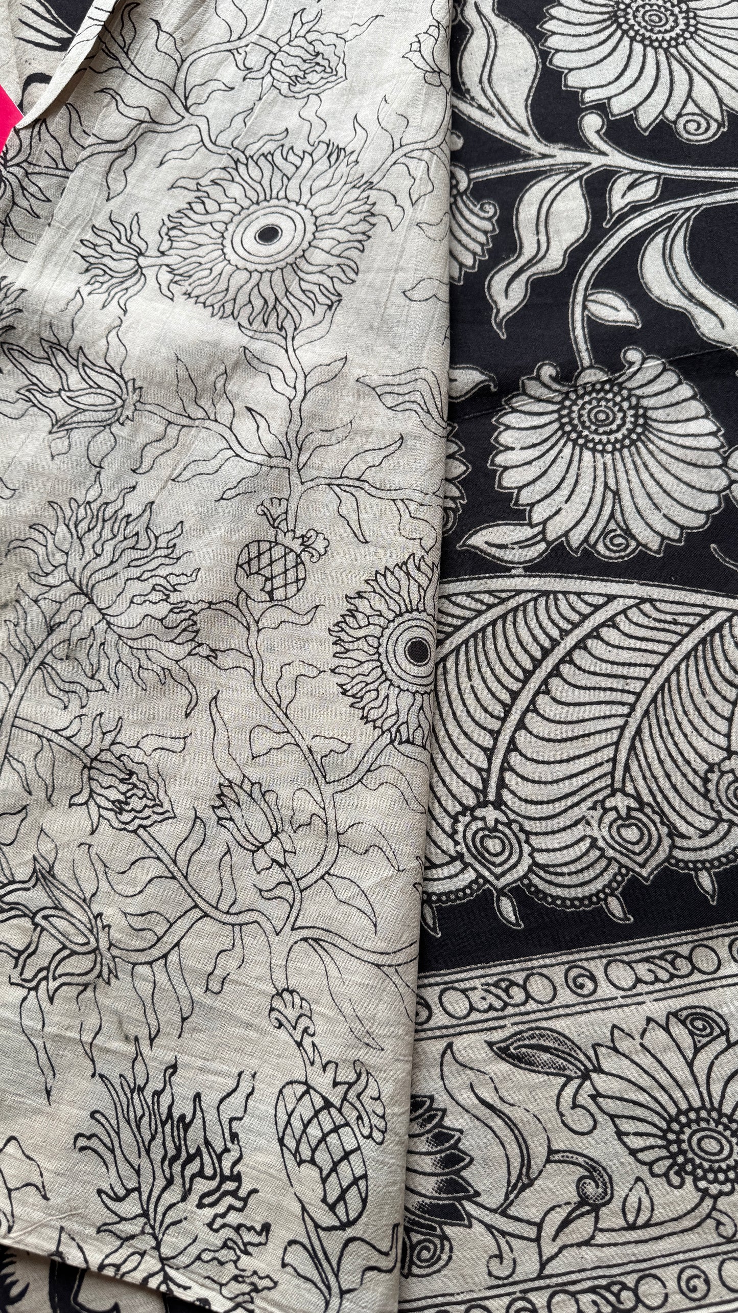 Black kalamkari, cream floral vines, soft cotton
