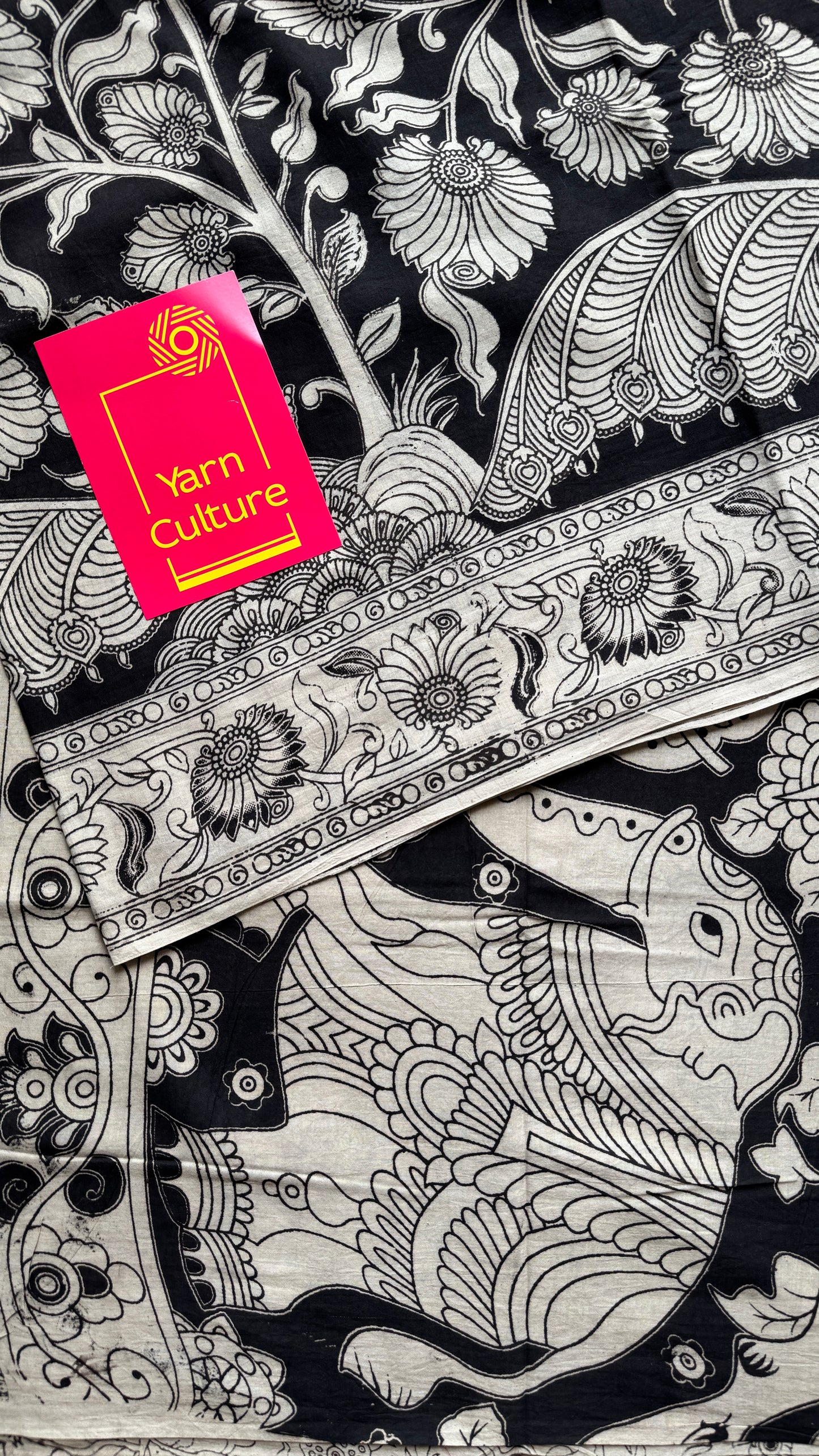 Black kalamkari, cream floral vines, soft cotton