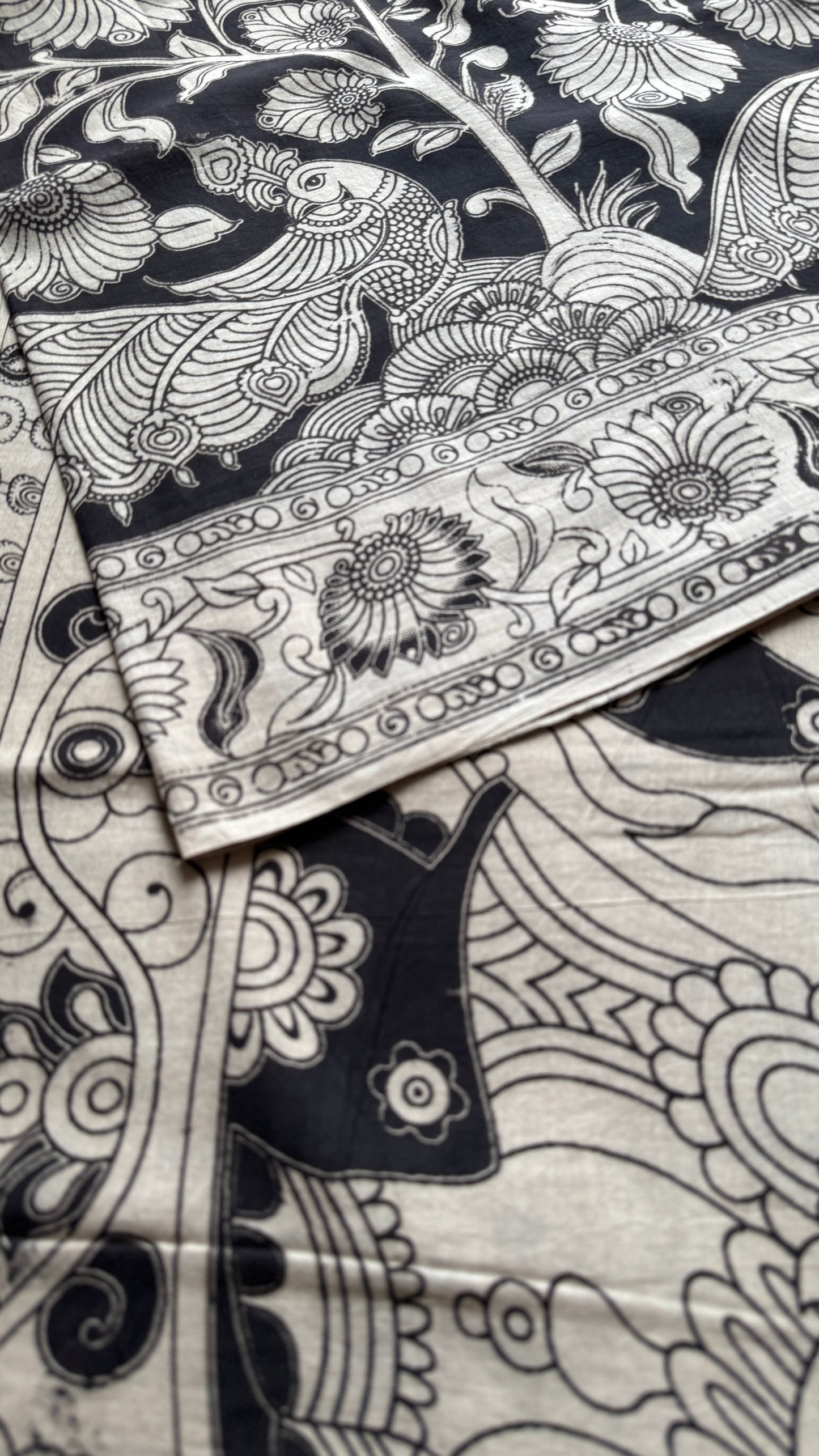 Black kalamkari, cream floral vines, soft cotton
