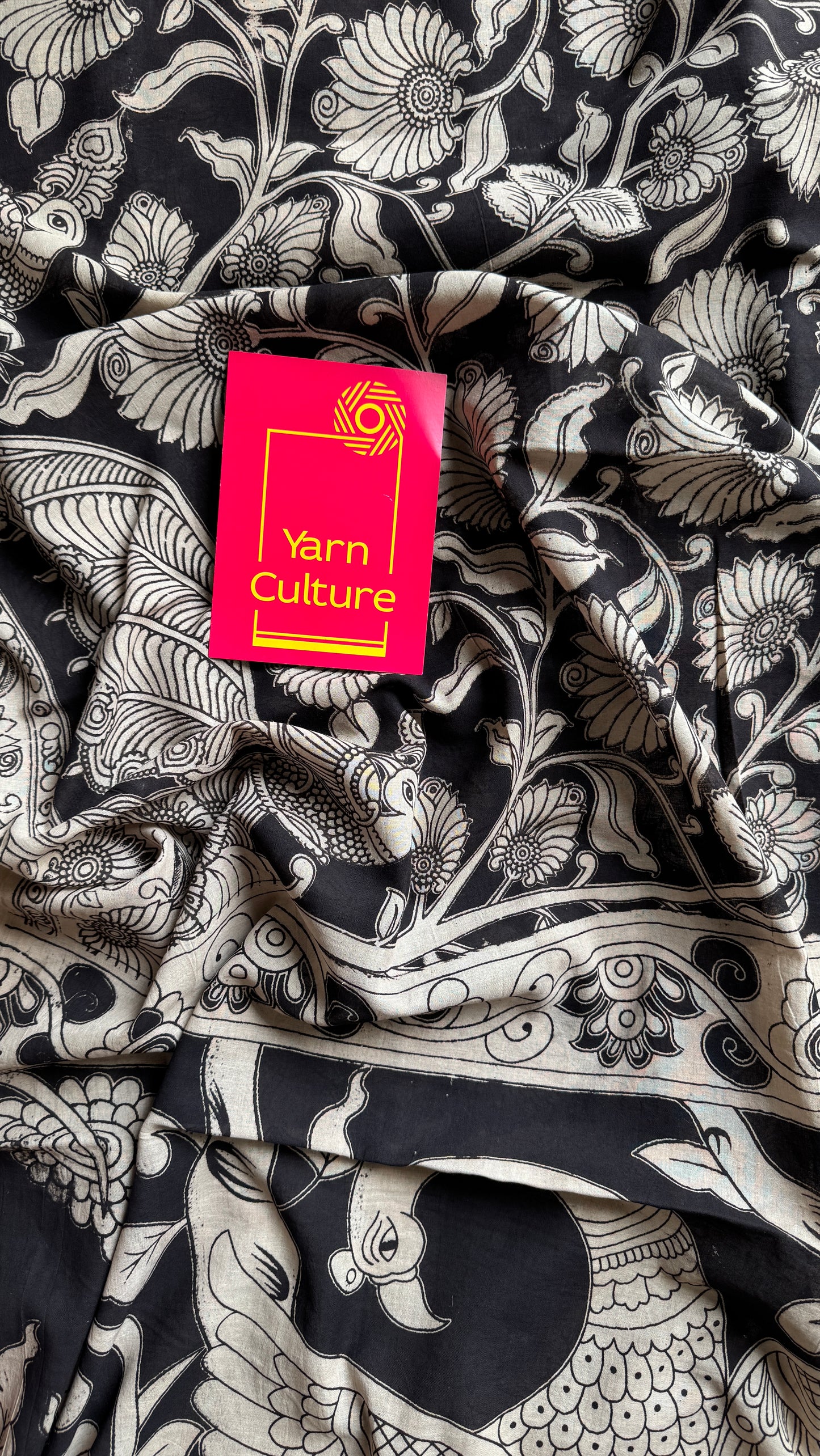 Black kalamkari, cream floral vines, soft cotton