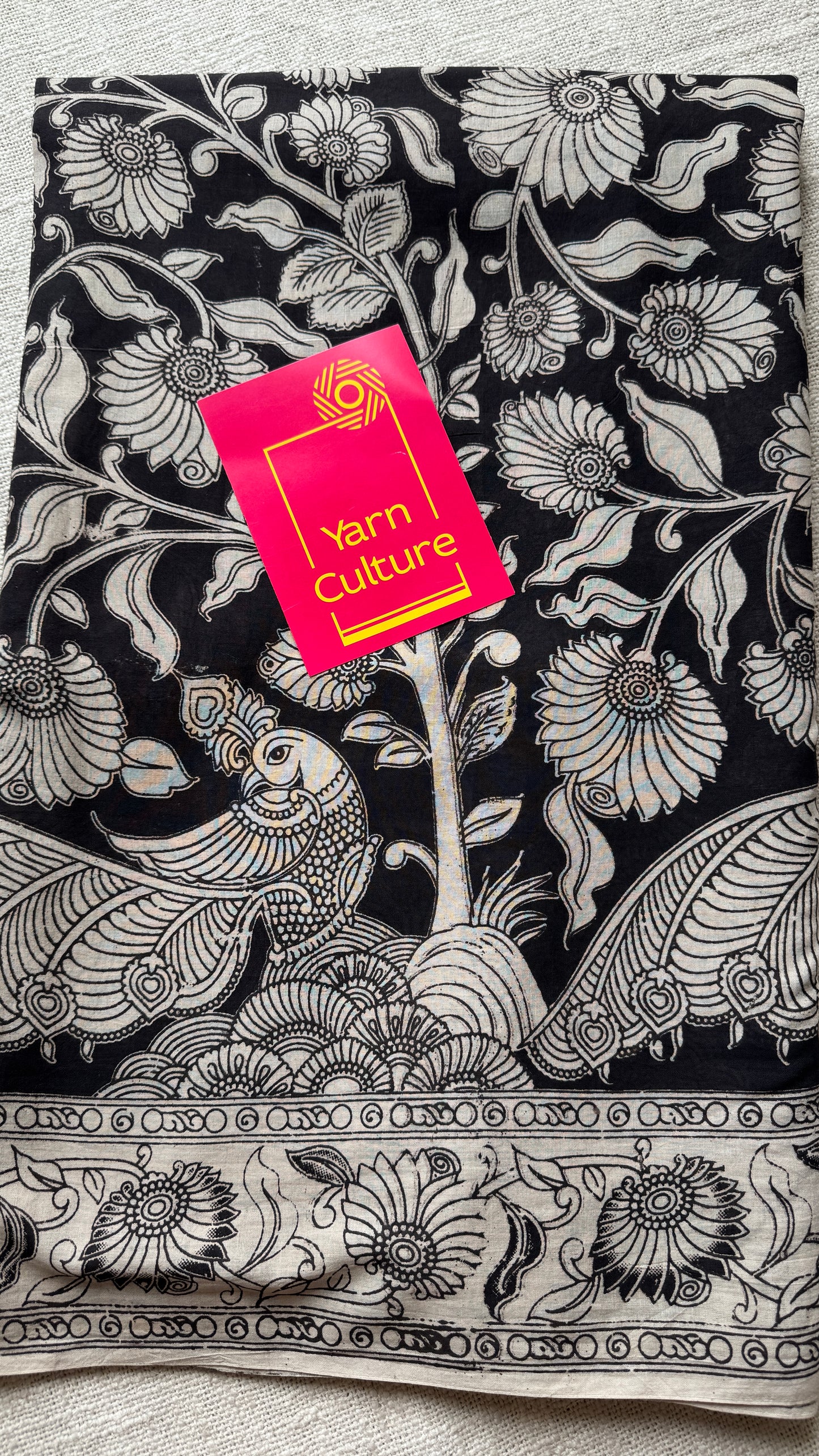 Black kalamkari, cream floral vines, soft cotton