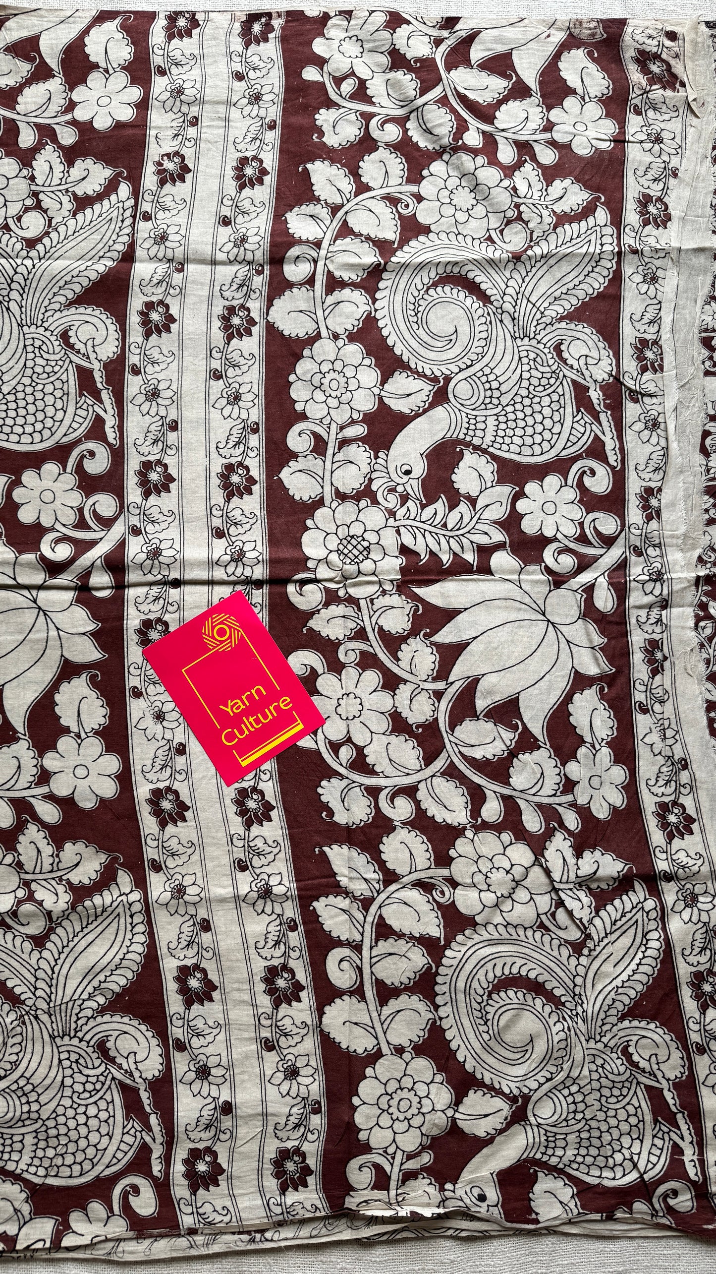 Brown kalamkari, cream floral vines, animal motifs, soft cotton YCWOTDK05