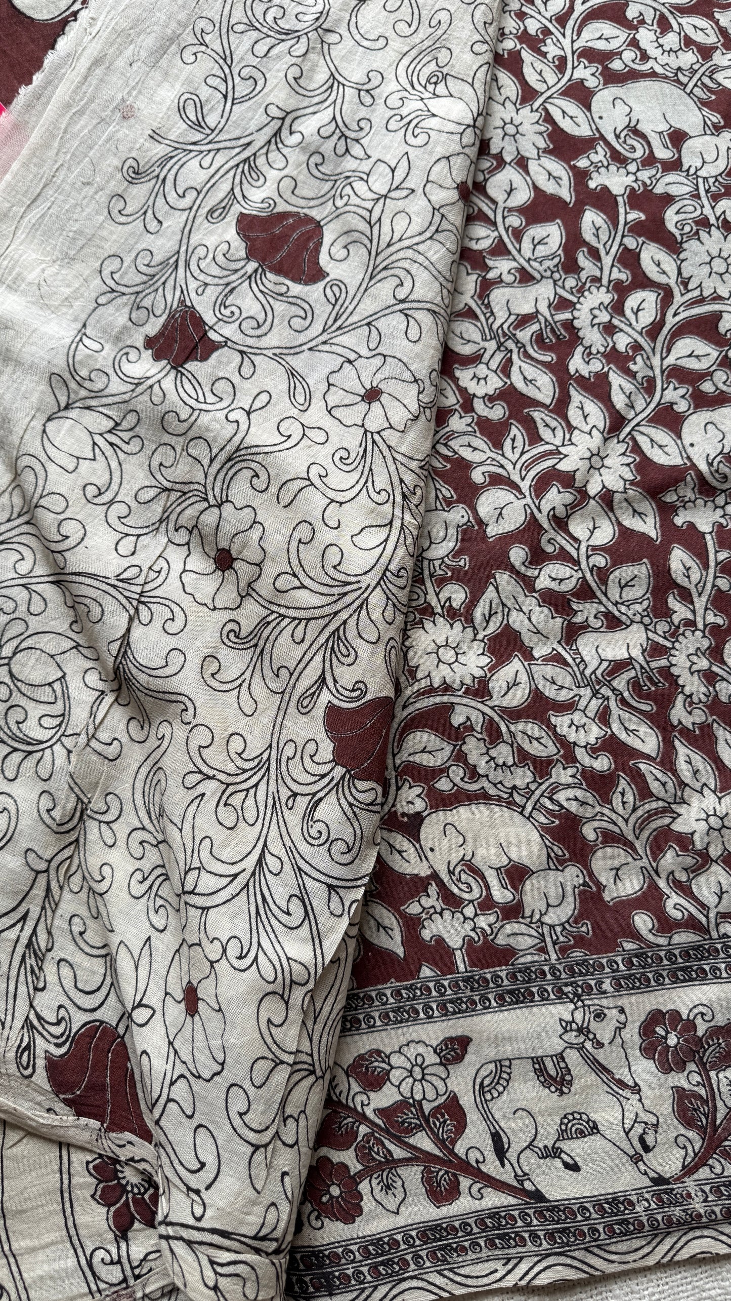 Brown kalamkari, cream floral vines, animal motifs, soft cotton YCWOTDK05